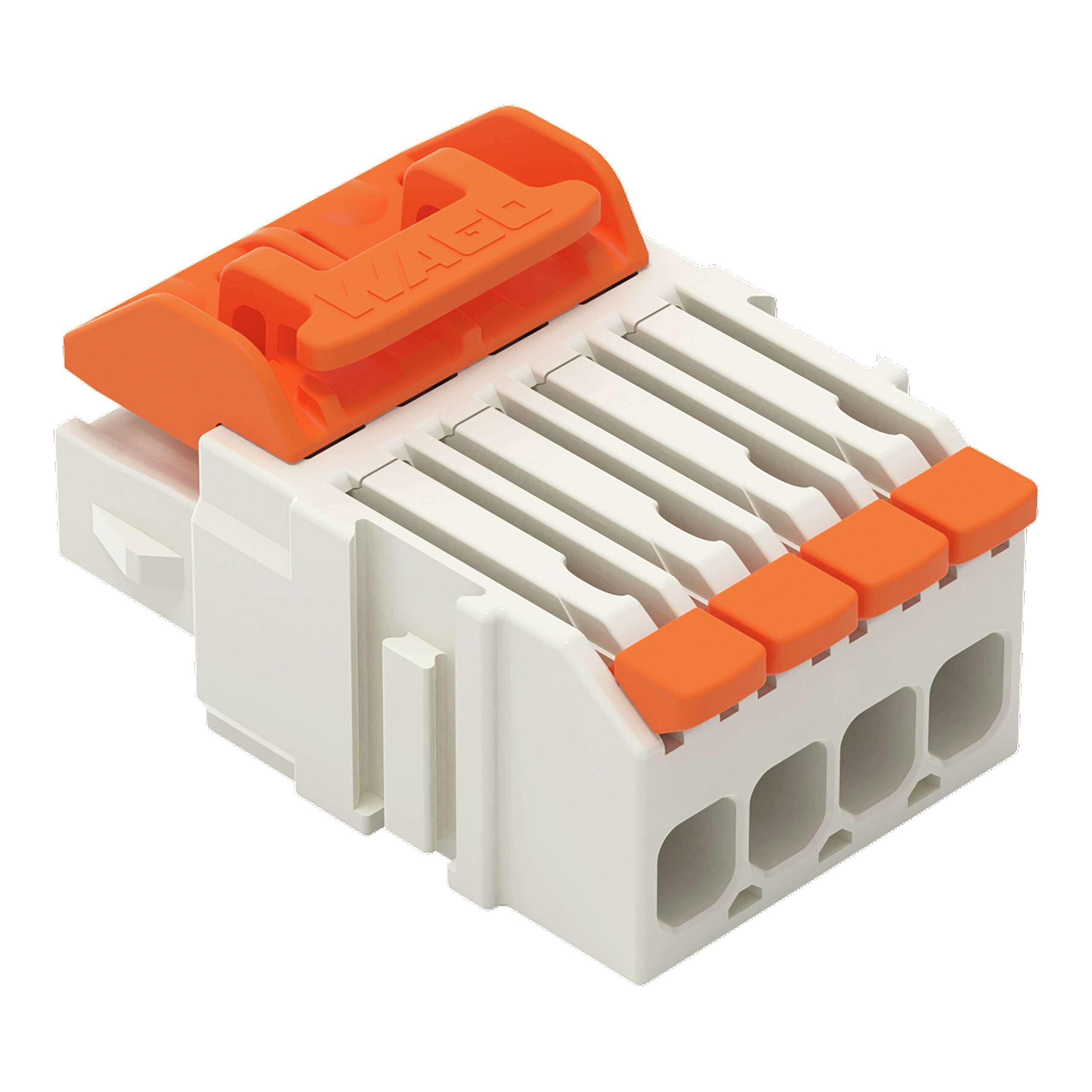 Ein fünfpoliger modularer Klemmblock mit orangefarbenem Hebel und weißem Gehäuse, konzipiert für einfache Drahtverbindungen.