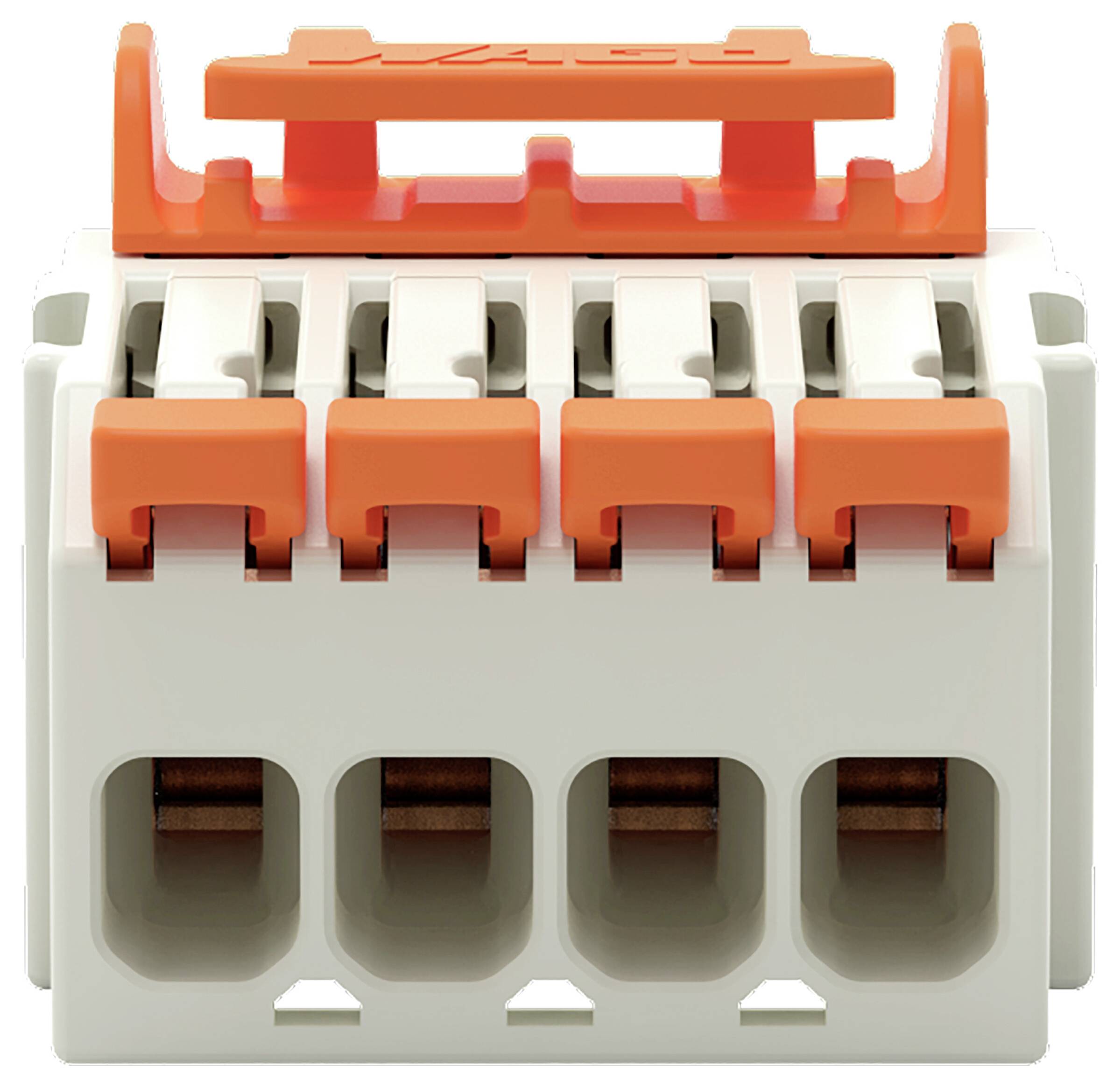 Wago 221 LE Serie Klemmenleiste mit orangefarbenen Hebelbetätigungen und transparentem Gehäuse, entwickelt für sichere elektrische Drahtverbindungen.