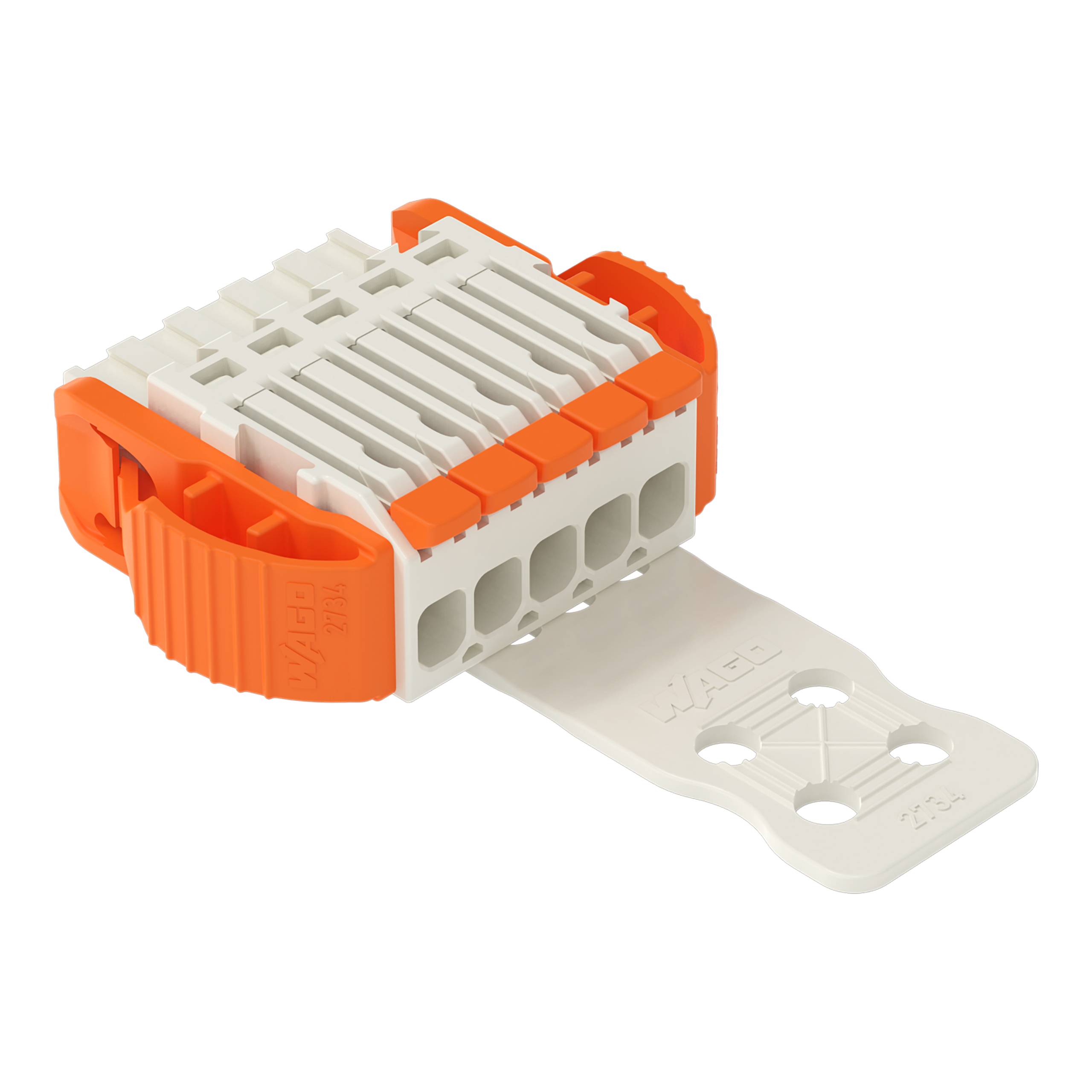 WAGO 221 Serie Hebelnuss-Steckklemme mit orangen und weißen Komponenten, die Benutzerfreundlichkeit und Flexibilität in Verdrahtungsanwendungen demonstriert.