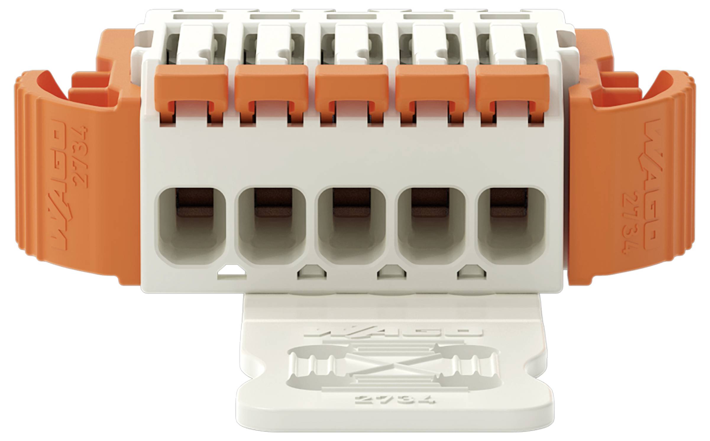 'WAGO 221-413' Steckklemme, orangefarbene Hebel, drei Anschlussplätze, wird für elektrische Drahtverbindungen verwendet, auf weißem Hintergrund.