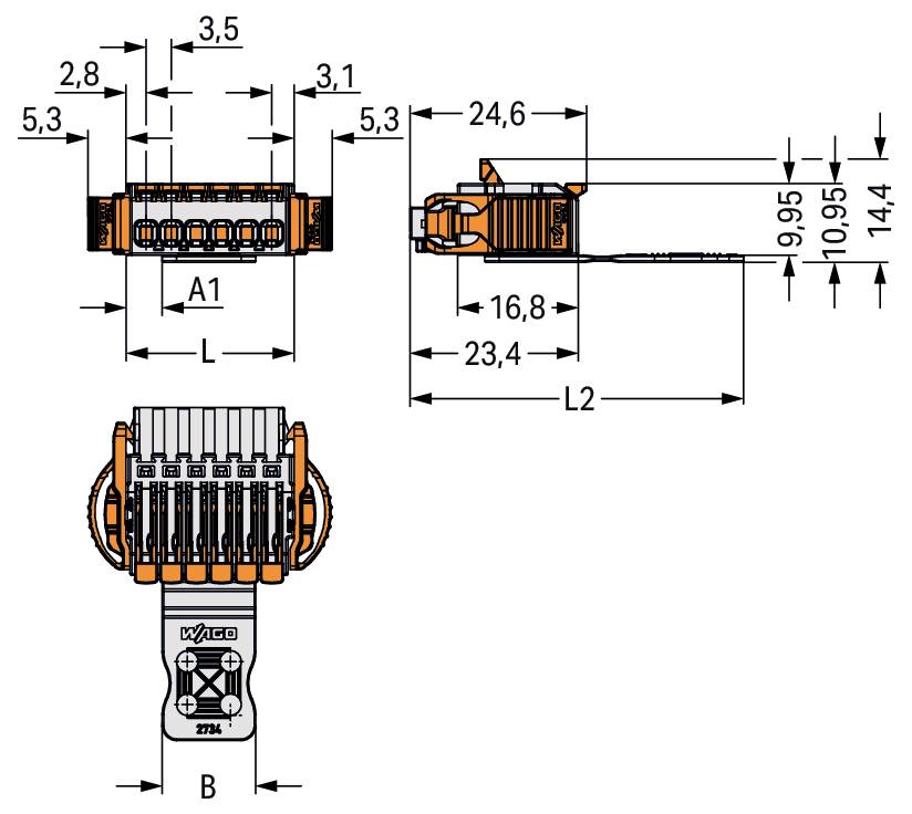 Technisches Diagramm einer WAGO-Elektrokomponente mit Abmessungen und Stiftanordnung. Draufsicht und Seitenansicht mit Maßen in Millimetern.