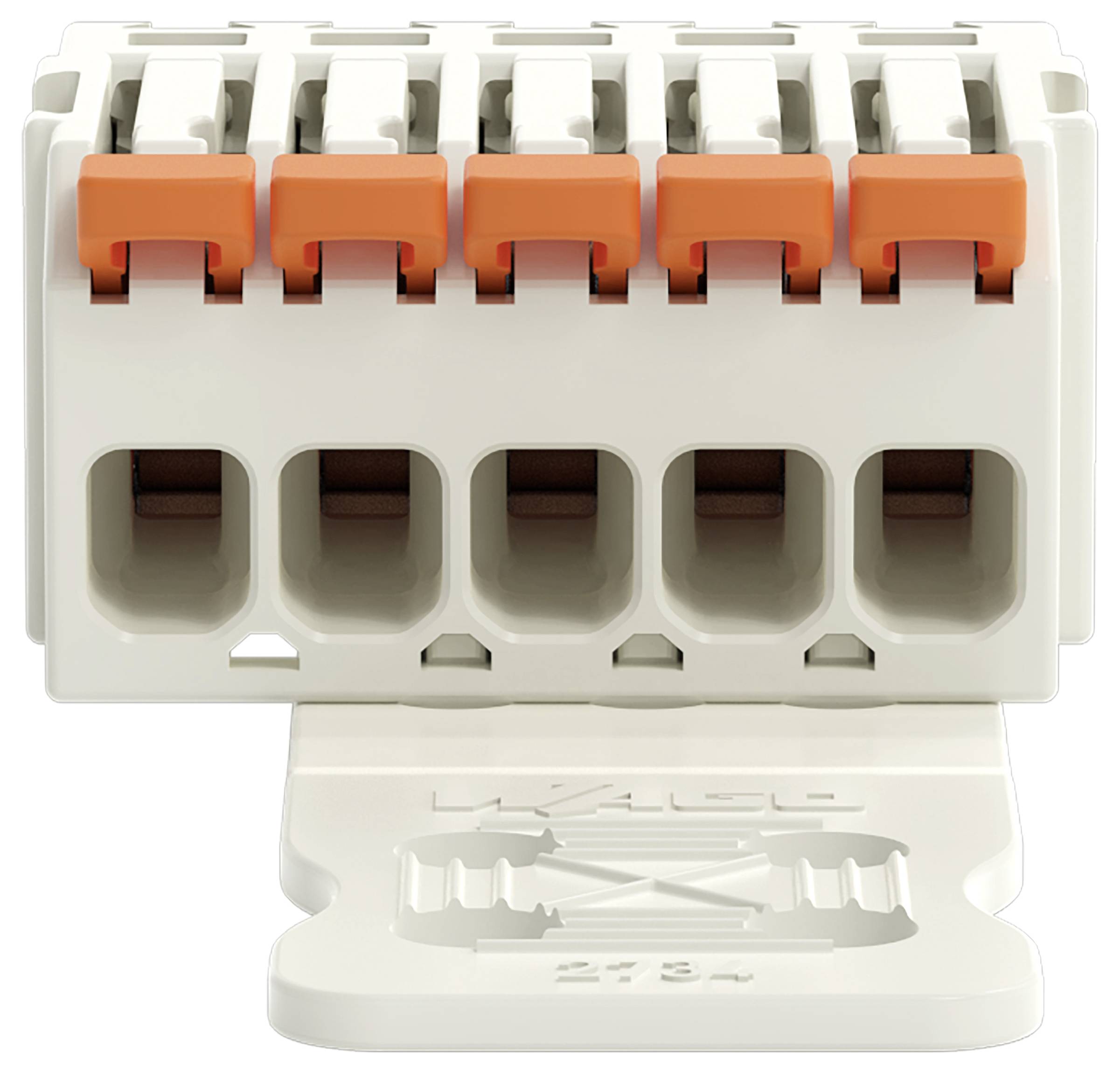 Ein weißer Elektrostecker mit sechs Öffnungen und orangefarbenen Hebeln, wird für Drahtverbindungen verwendet.