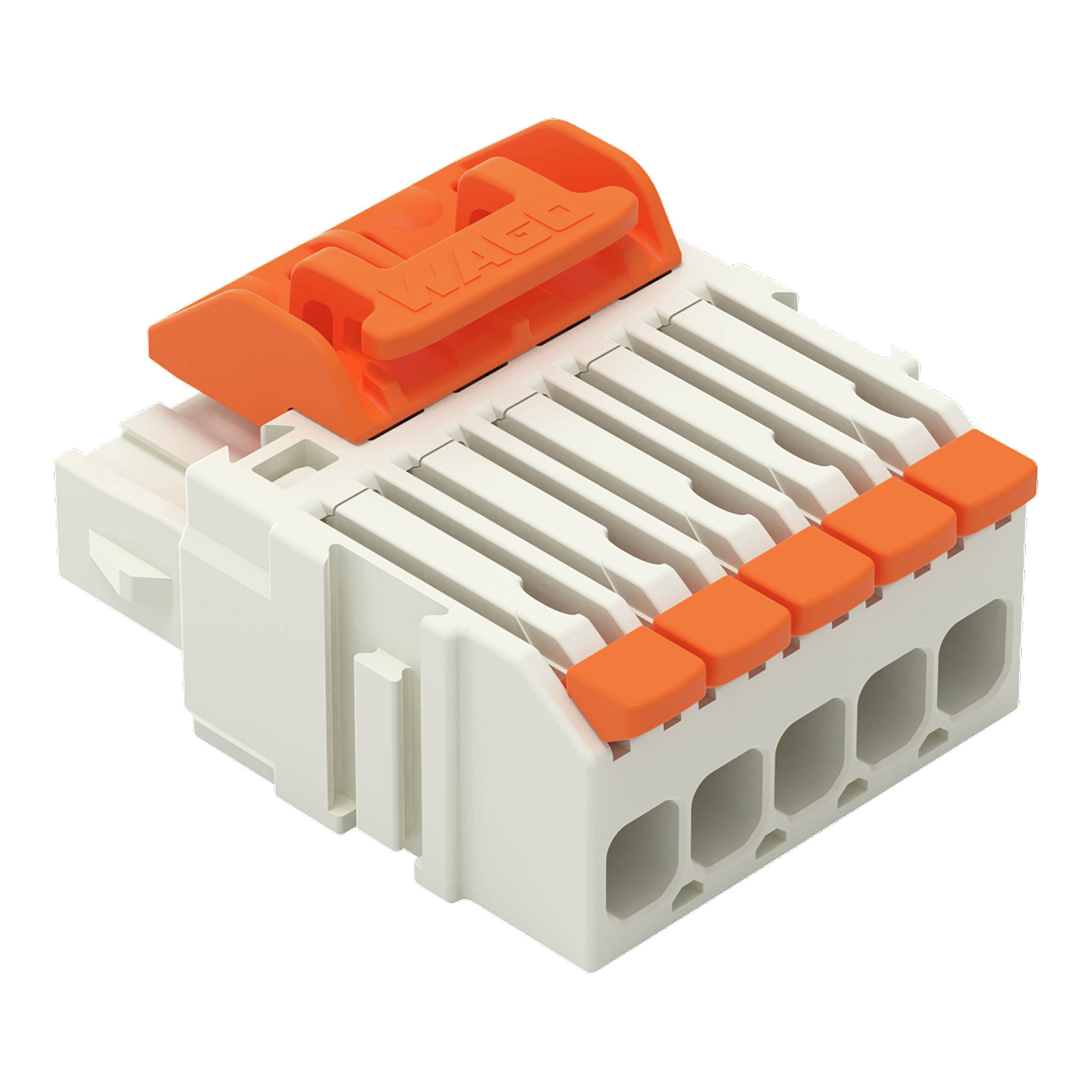Ein orange-weißer elektrischer Stecker mit mehreren Verdrahtungssteckplätzen, entwickelt für Draht-zu-Platine-Verbindungen und mit einem Druckverriegelungssystem ausgestattet.