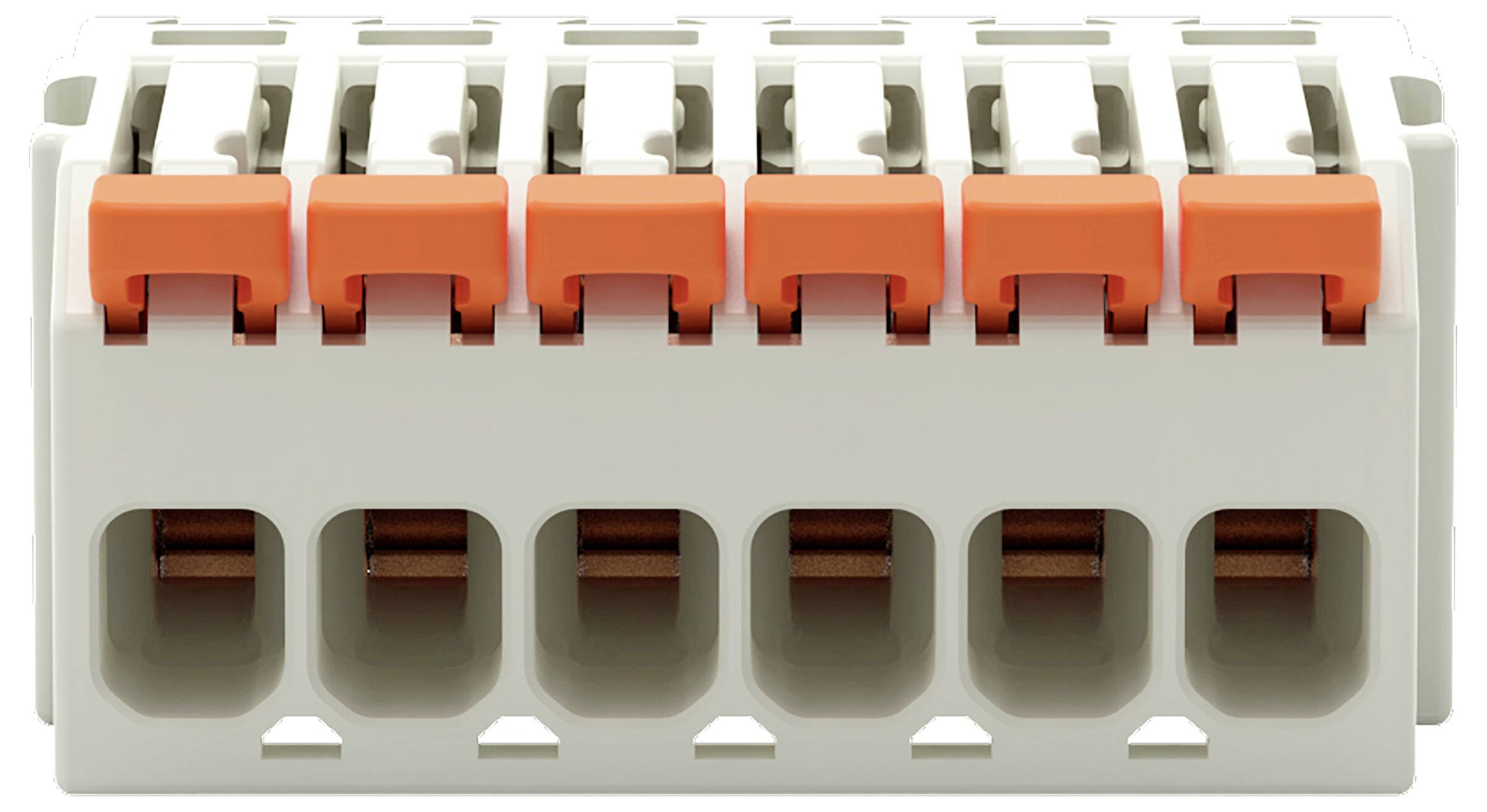 Ein orangefarbenes und weißes Elektroterminalblock mit mehreren Anschllusspunkten, das zum Sichern und Verbinden von elektrischen Drähten verwendet wird.