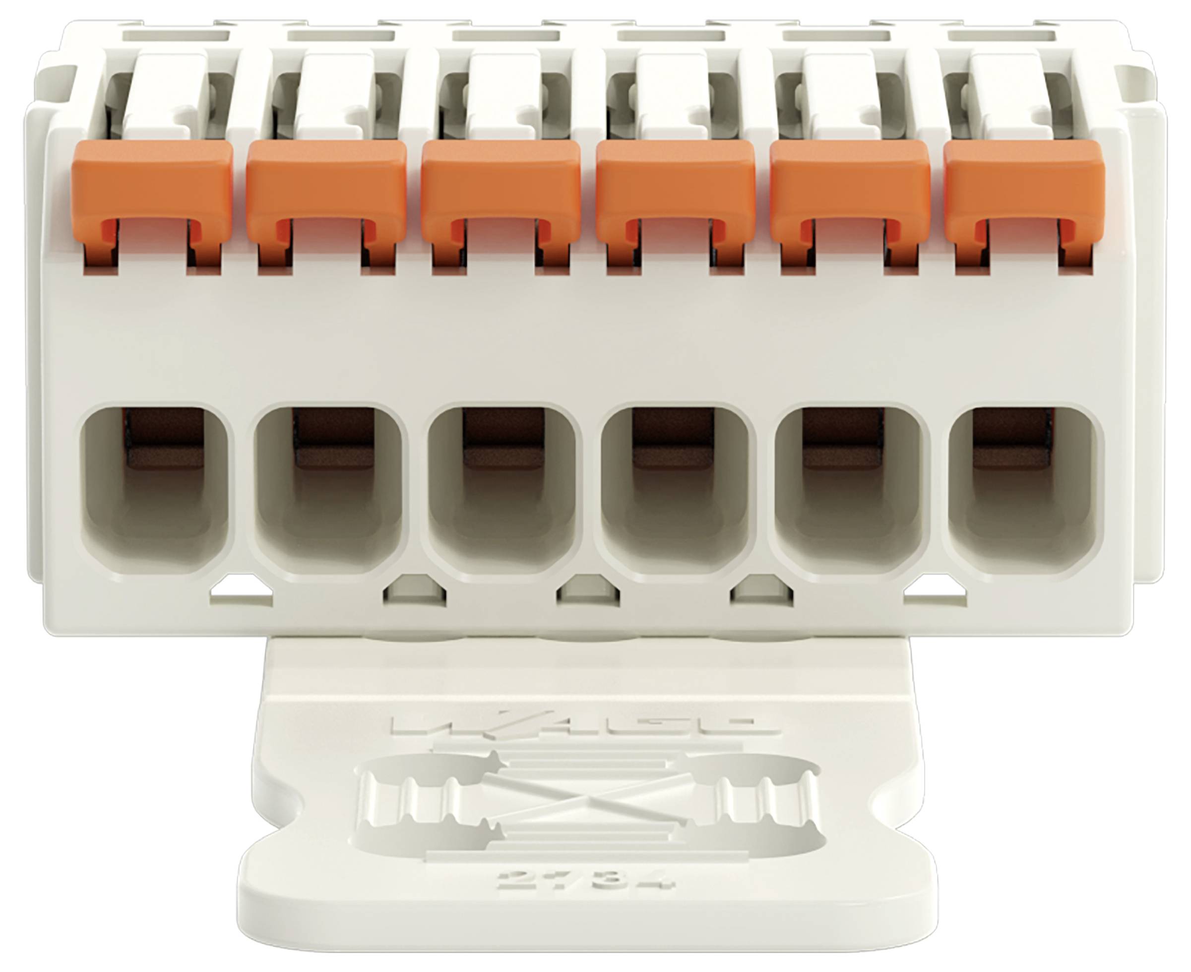 Ein weißer Elektrosteckverbinder mit orangefarbenen Hebeln, der zum sicheren Verbinden mehrerer Drähte in elektrischen Systemen verwendet wird.