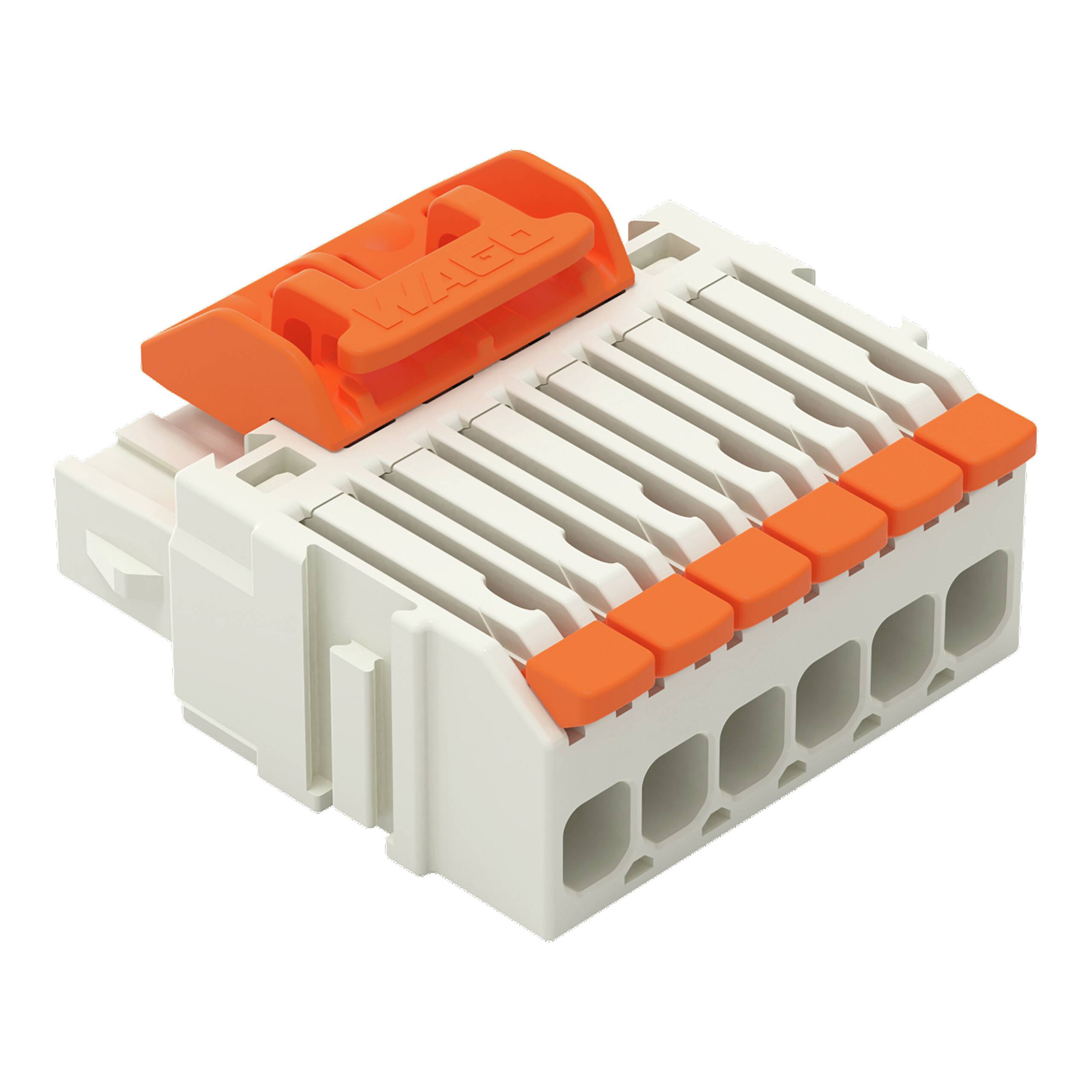 Ein weiß-orangefarbiger Elektrostecker mit mehreren Stiften, entwickelt für sichere und einfache Verdrahtung in elektronischen oder elektrischen Anwendungen.