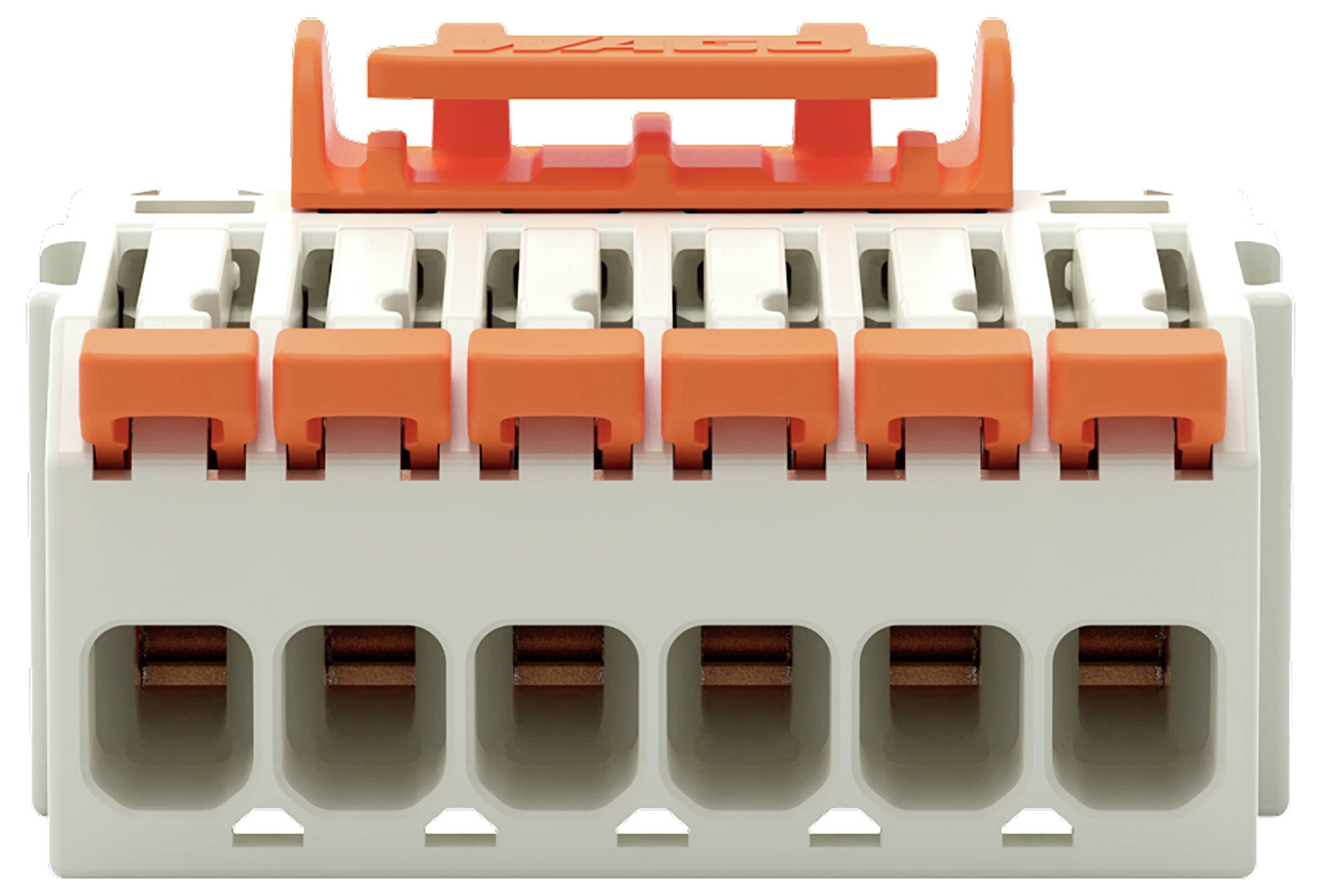 Ein orange-weißer Elektrostecker mit mehreren Anschlüssen und einer Schaltkulisse oben zur Befestigung von Drähten.