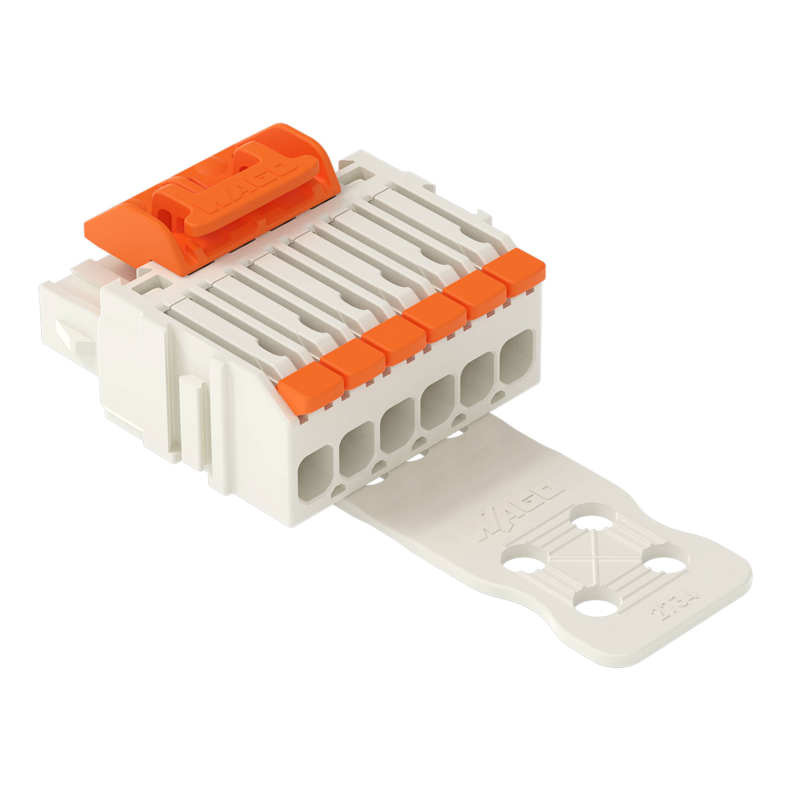 Ein Elektrostecker-Verbindungsblock mit einem orangefarbenen Hebel und mehreren Anschlüssen, der zum sicheren und festen Verbinden von elektrischen Drähten verwendet wird.
