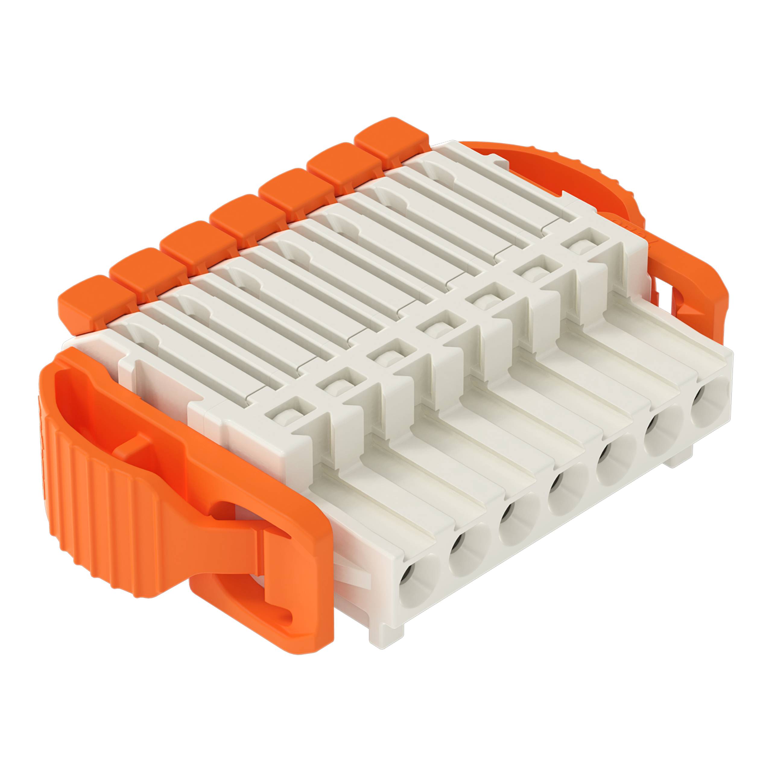 Ein rechteckiger elektrischer Stecker mit einem orangefarbenen Verriegelungsmechanismus auf beiden Seiten mit mehreren weißen Buchsen zur Drahteinführung.