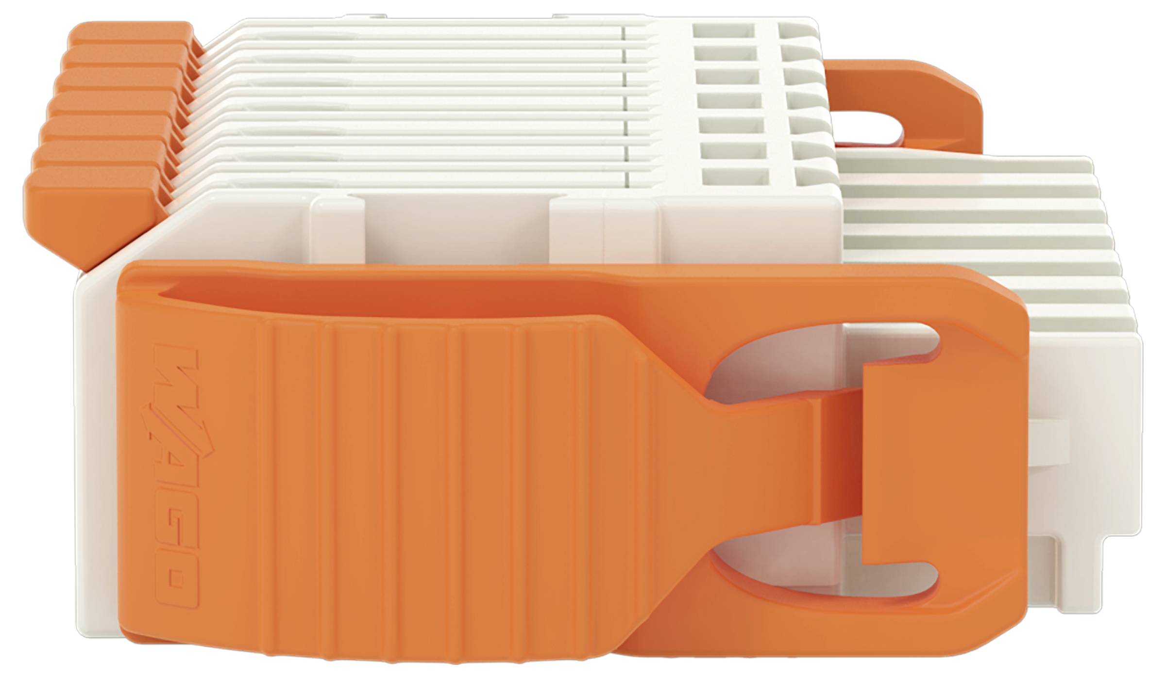 Ein LEGO®-Element mit weißen und orangefarbenen Teilen, die mit orangefarbenen Verbindern zusammengesteckt sind und eine kompakte, ineinandergreifende Blockstruktur darstellen.