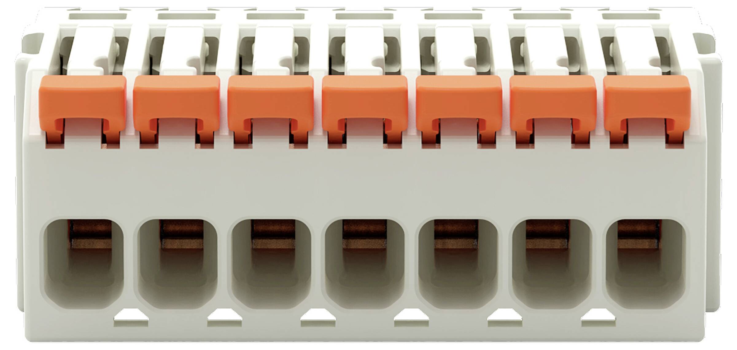 Vorderansicht eines Kunststoff-Klemmblocks mit acht orangefarbenen Hebeln in einer Reihe, zum sicheren Anschluss von elektrischen Drähten.