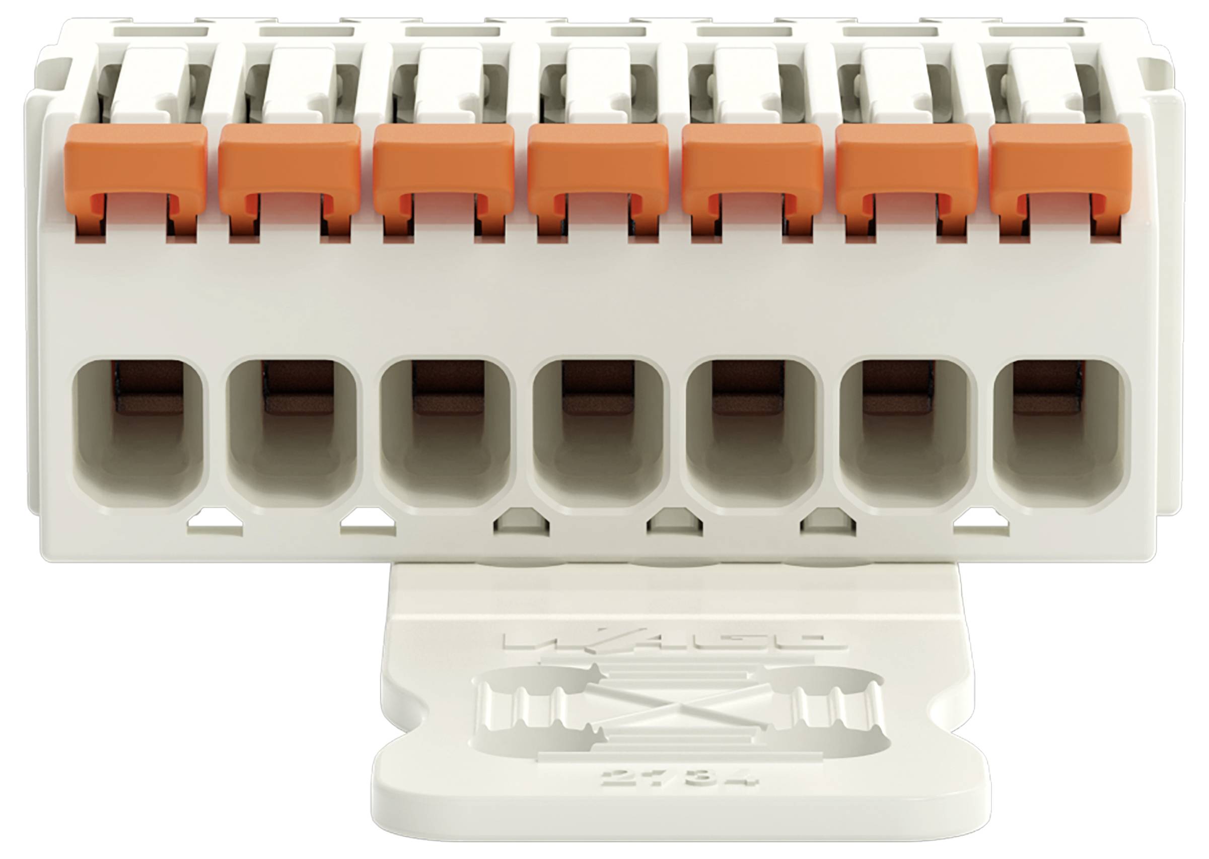 Eine Nahaufnahme eines achtpoligen orange-grauen WAGO-Verbindungsblocks, der zur effizienten Befestigung von Elektrokabeln verwendet wird.