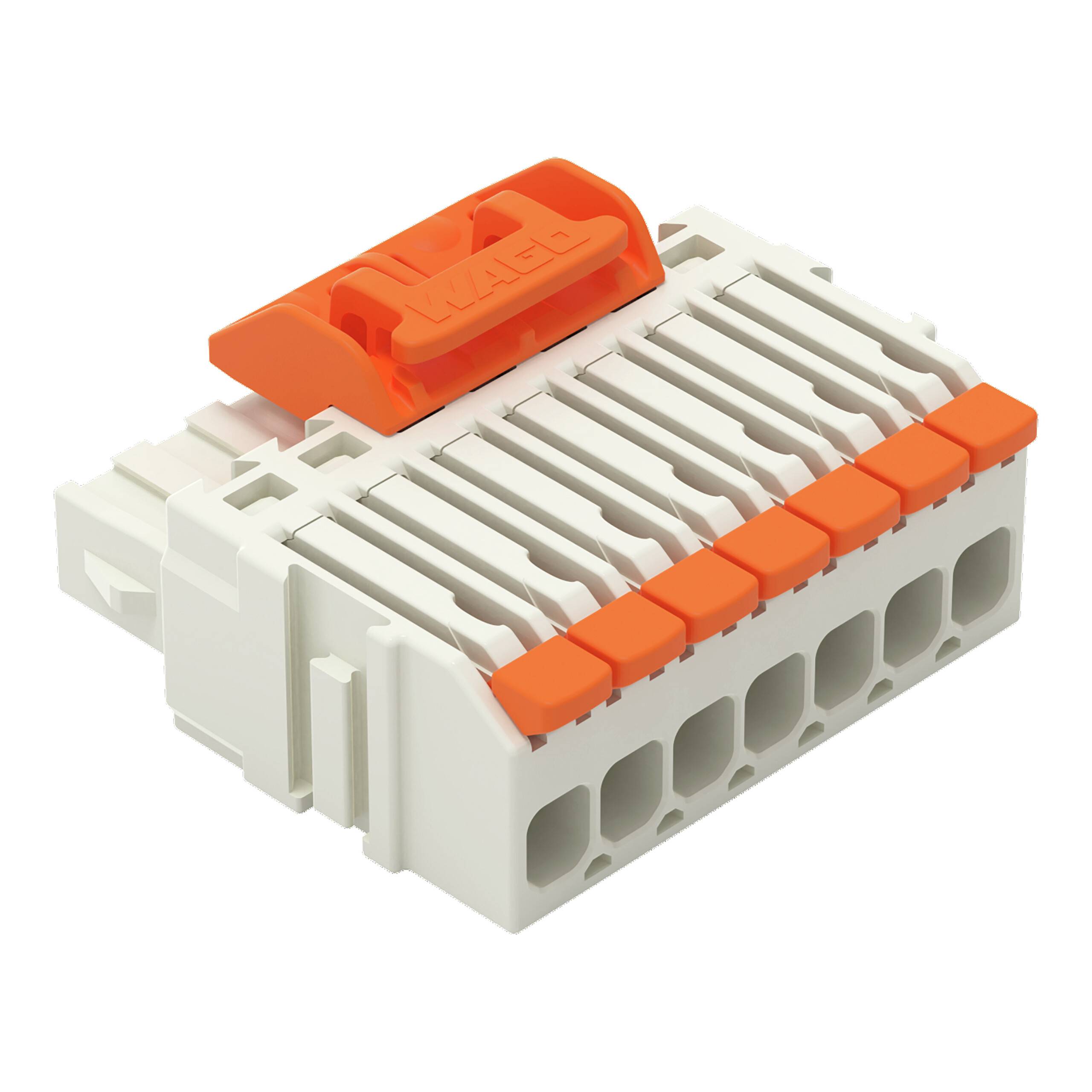 Ein Elektroverbindungsblock mit 10 Anschlüssen, mit weißem und orangefarbenem Design, verwendet für sichere Drahtverbindungen in elektrischen Installationen.