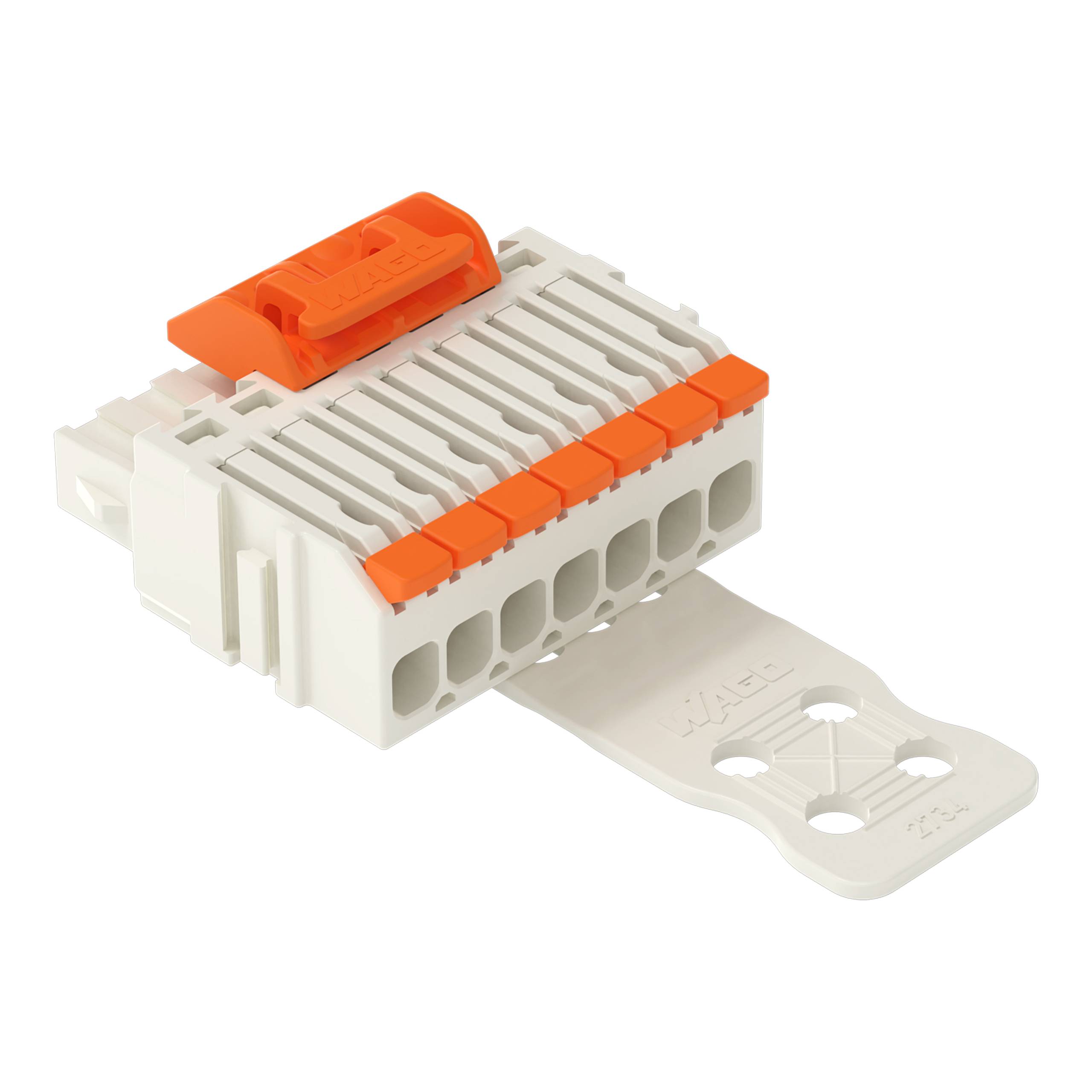 Ein weiß und orange farbiger elektrischer Stecker mit neun Anschlüssen und einer Befestigungshalterung wird gezeigt, der zum Sichern und Verbinden von Drähten in Schaltkreisen verwendet wird.