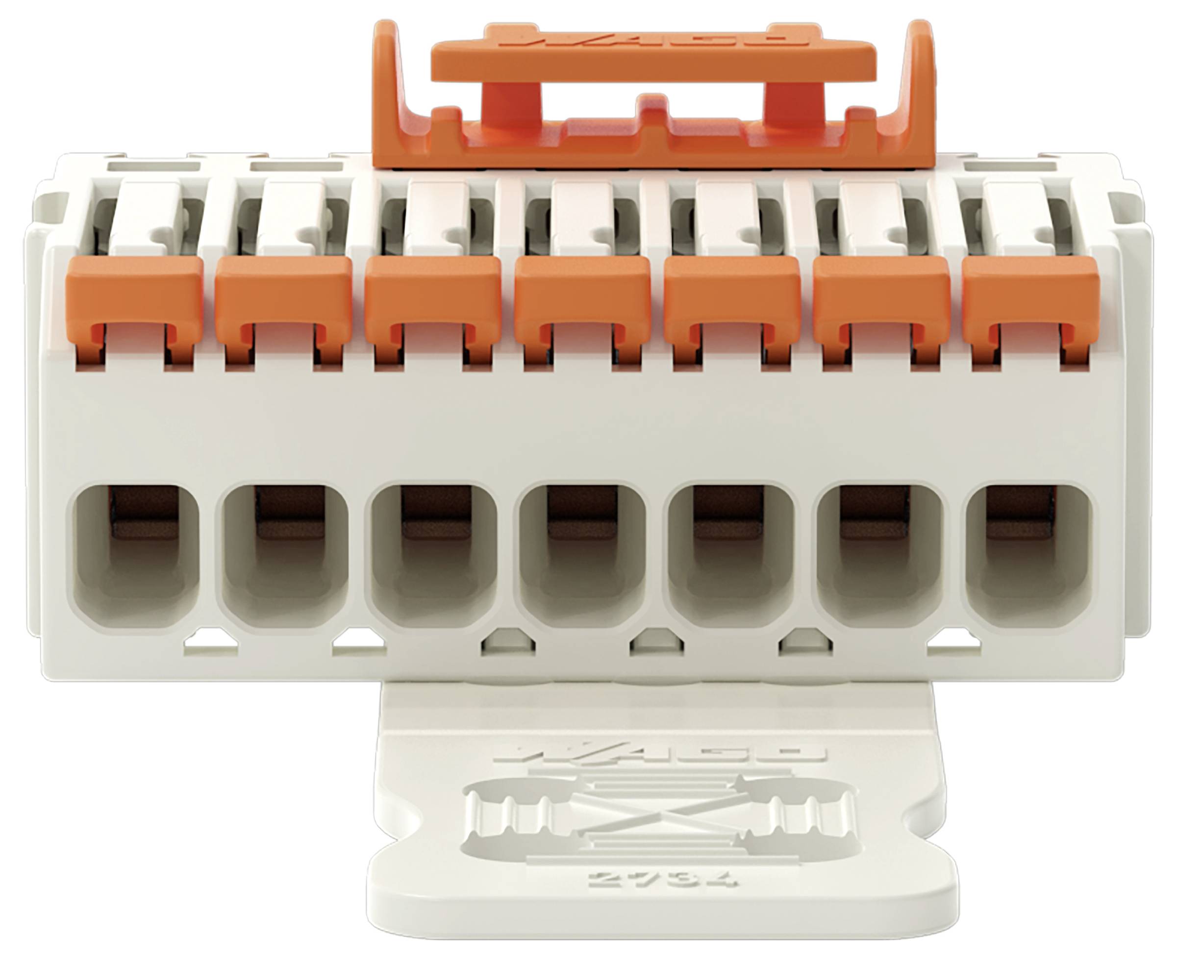 Ein weiß-orangefarbener Elektrostecker mit mehreren Anschlüssen und einem umklappbaren Hebel zur sicheren Befestigung der Verdrahtung.