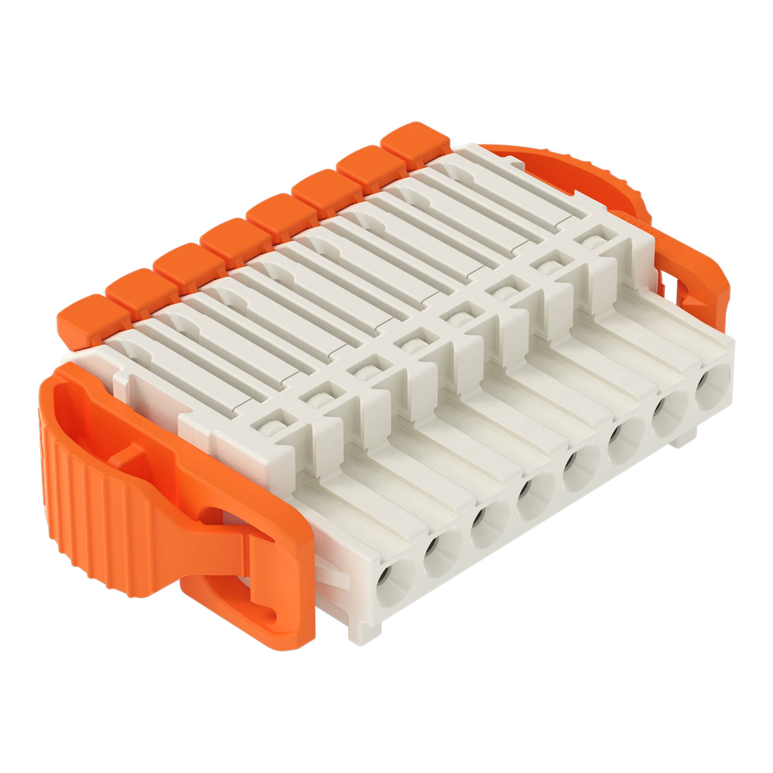 Ein elektrischer Stecker mit orangefarbenen Griffen und weißem Gehäuse, mit mehreren Schlitzen für die Verdrahtung.
