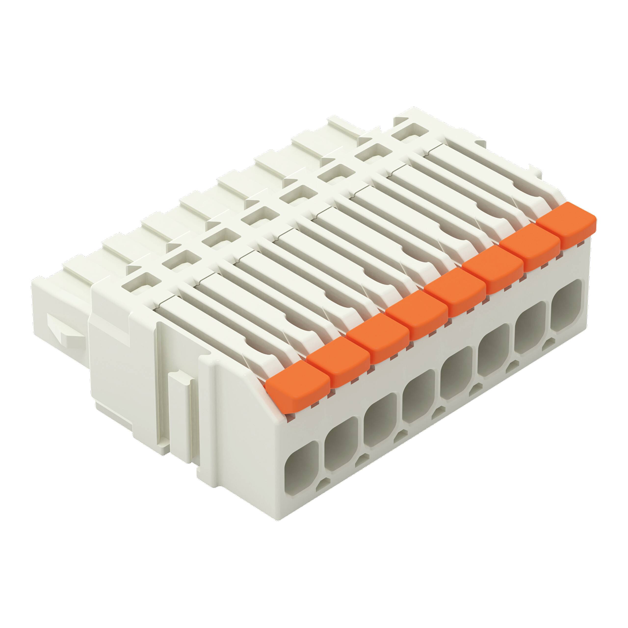 Weißer modularer Klemmenblock mit zehn Anschllusspunkten, ausgestattet mit orangefarbenen Hebeln zur sicheren Verdrahtung, verwendet in elektrischen Baugruppen.