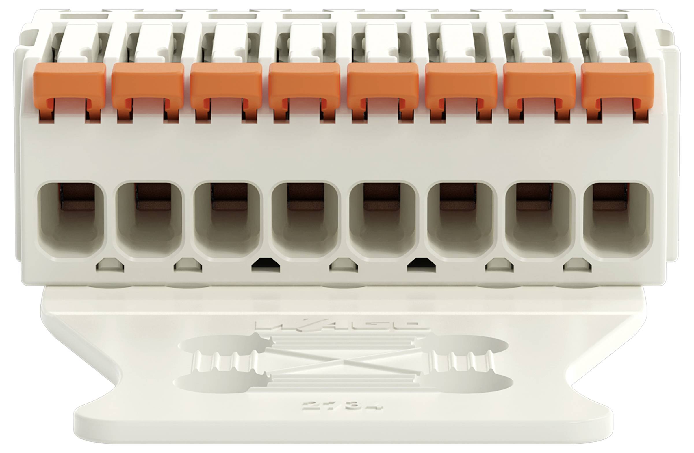 Weißer elektrischer Stecker mit orangefarbenen Hebeln oben, mit fünf Drahtschlitzen unter den Hebeln, entwickelt für schnelle Drahtinstallation.
