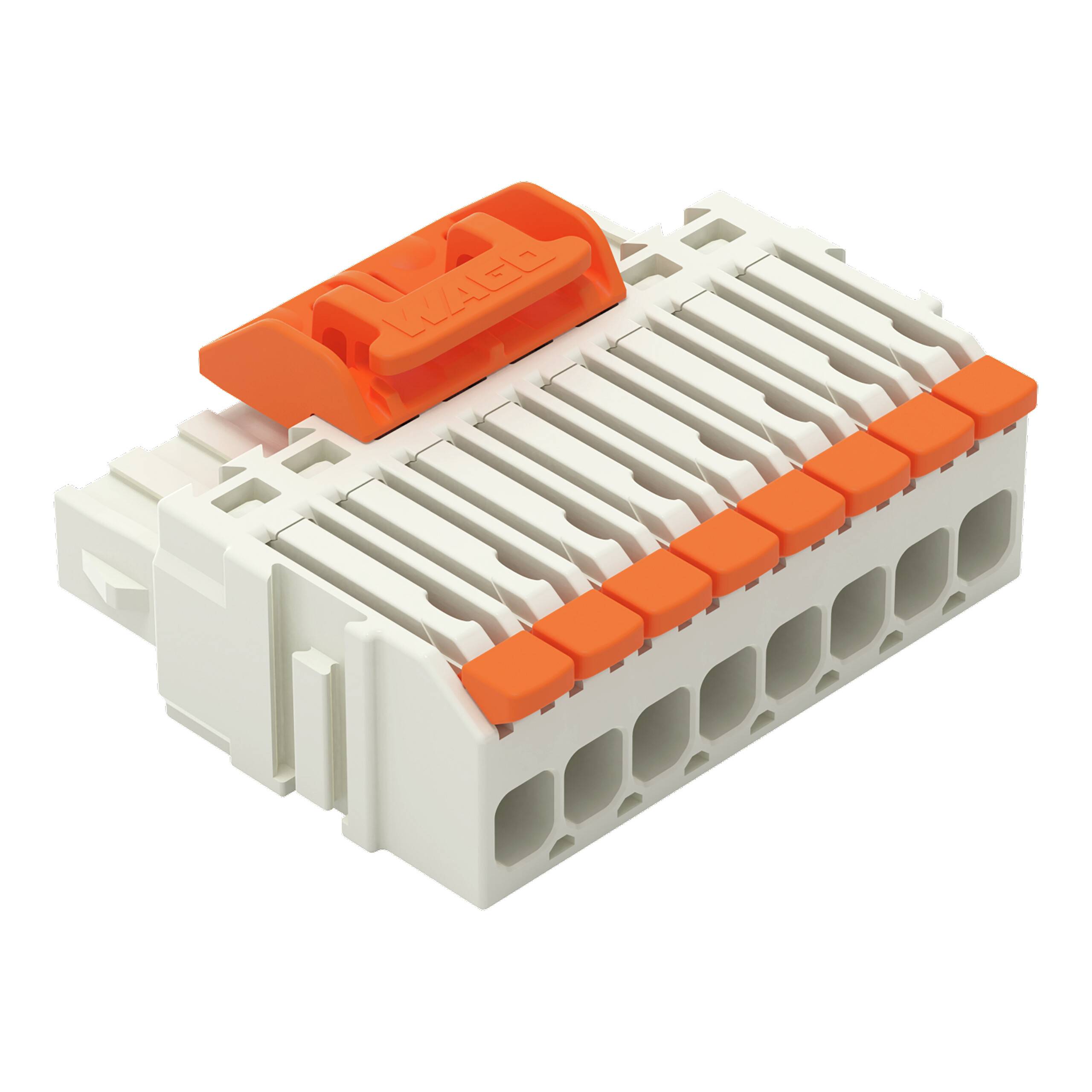 Ein weiß und orange farbiges elektrisches Klemmleistenblock mit mehreren Anschllusspunkten, verwendet für Drahtverbindungen in elektrischen Systemen.