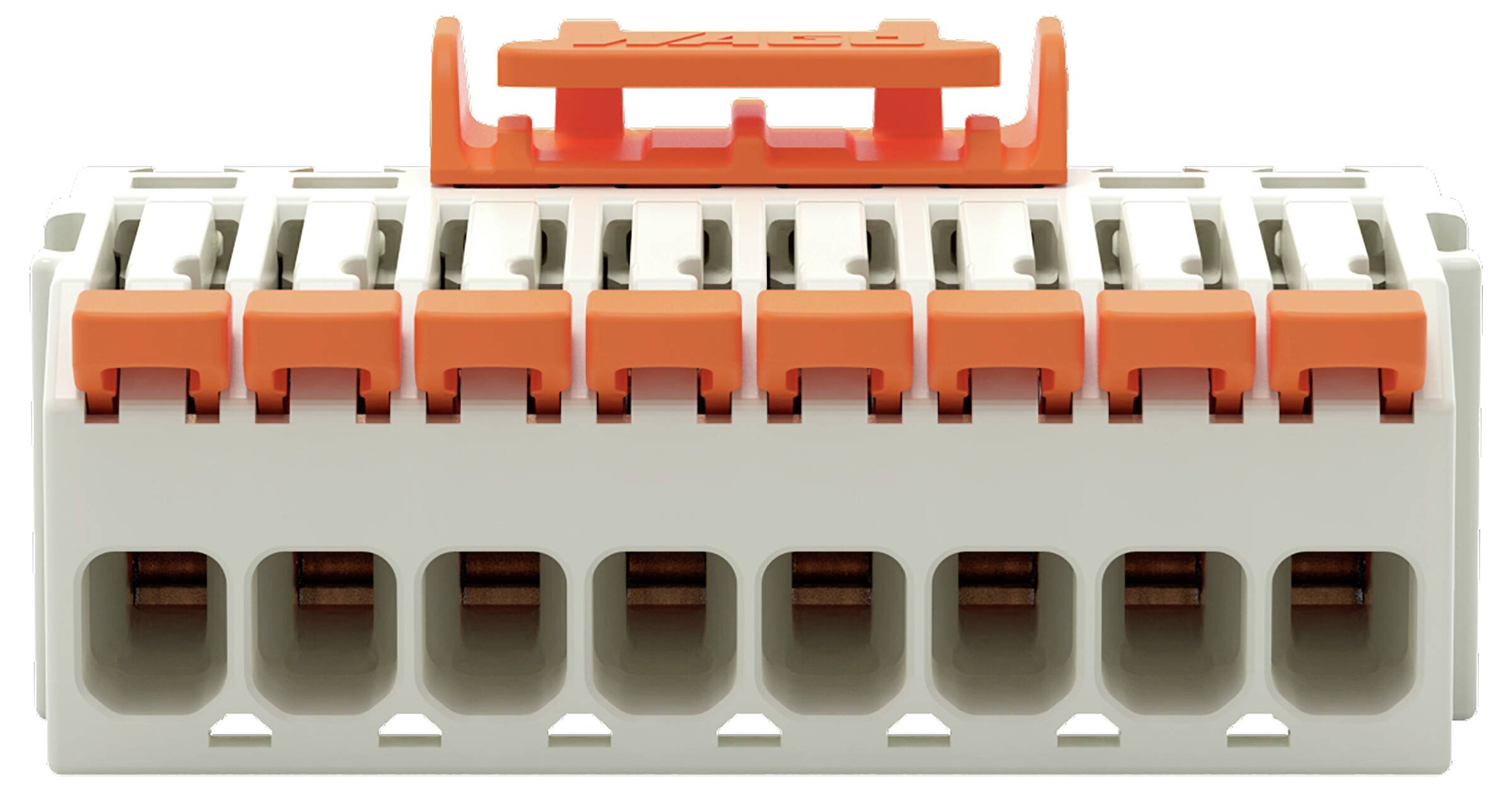 Ein Anschlussblock mit acht orangefarbenen Hebeln oben und mehreren Verdrahtungssteckplätzen unten. Text „WAGO