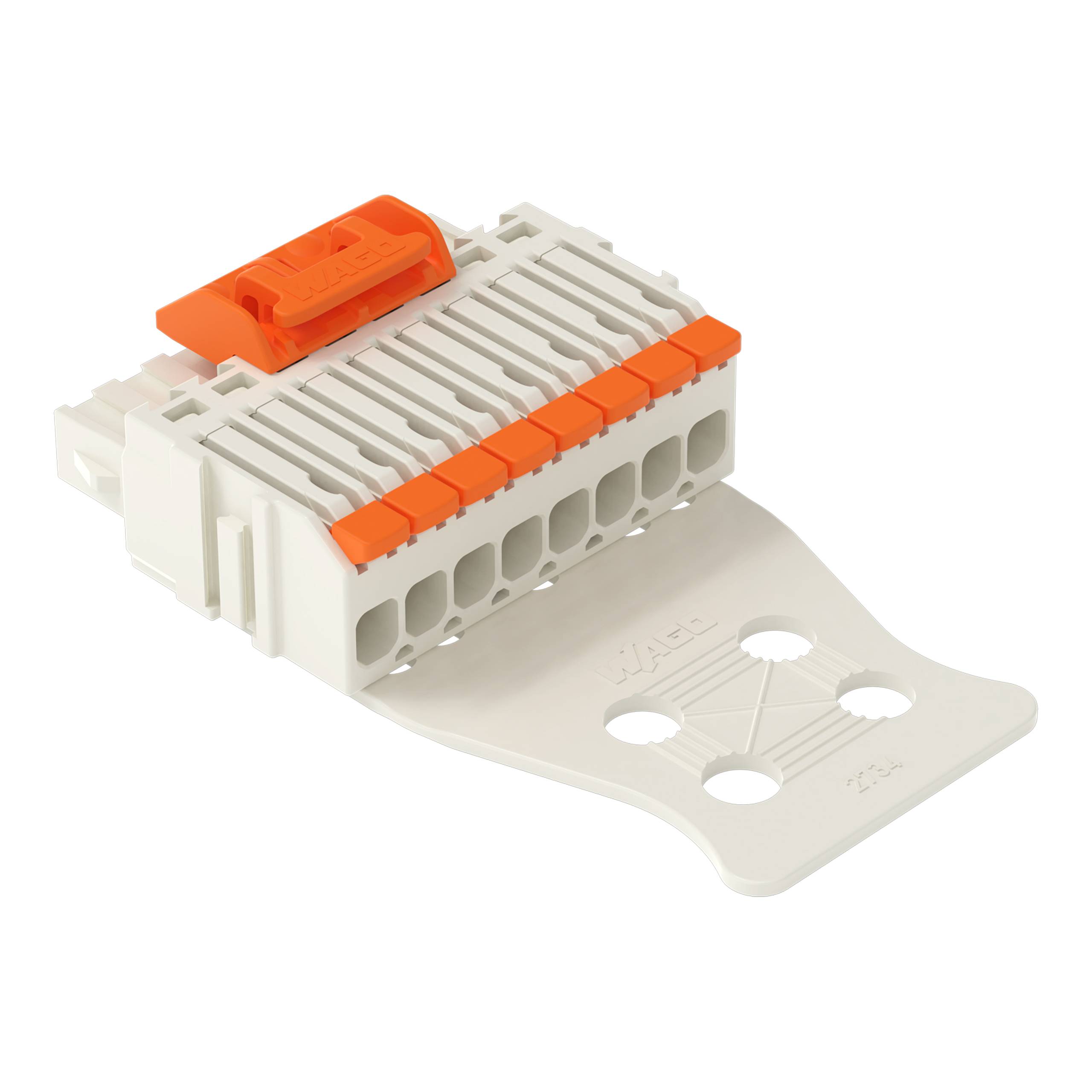 Ein modularer weiß-orangefarbener Elektrosteckerblock mit Anschllussklemmen und einer Montagebasis, der für sichere Drahtverbindungen verwendet wird.
