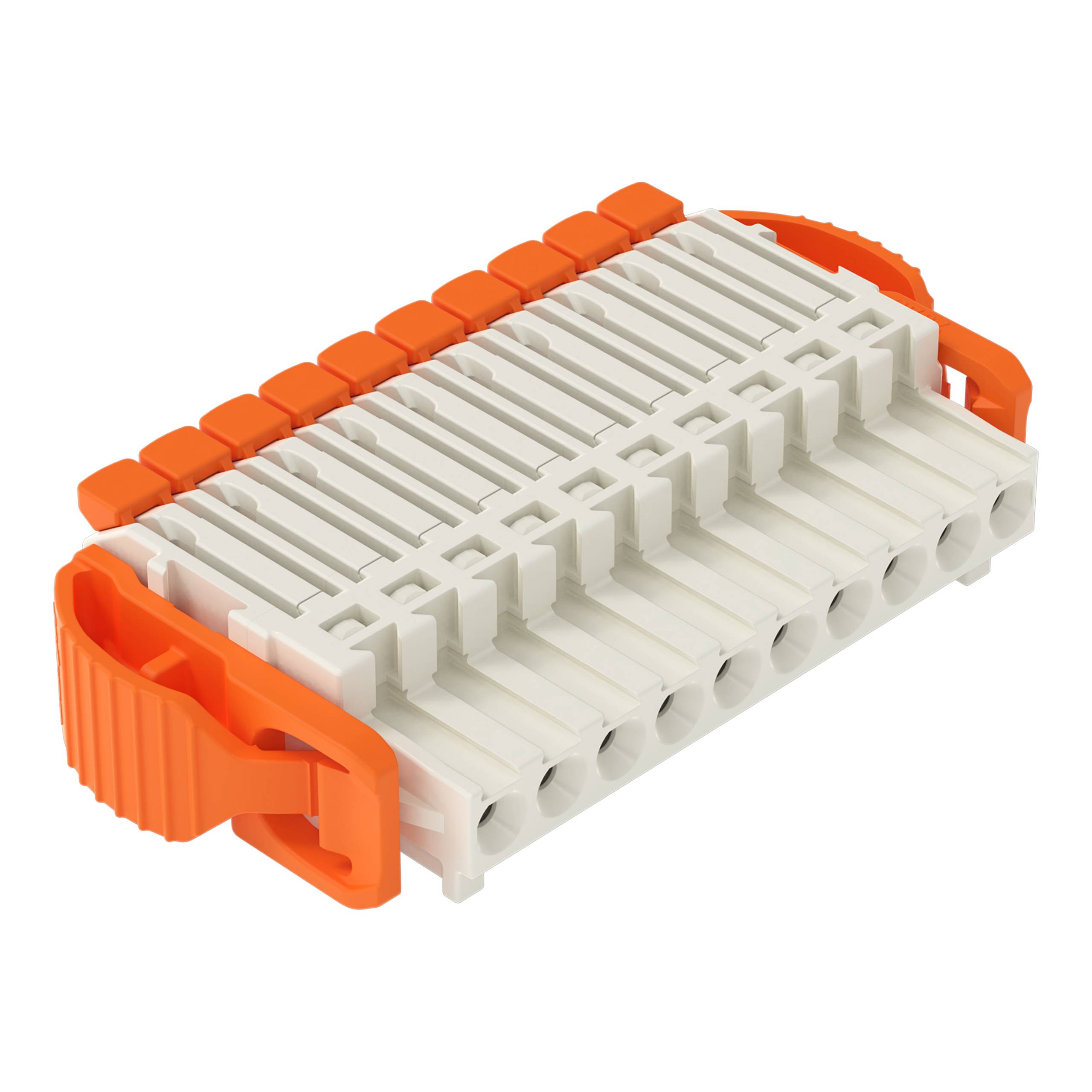 Ein weiß-oranger elektrischer Stecker mit mehreren Schlitzen, wahrscheinlich für Verdrahtungs- oder Schaltkreisverbindungen in technischen Anwendungen verwendet.