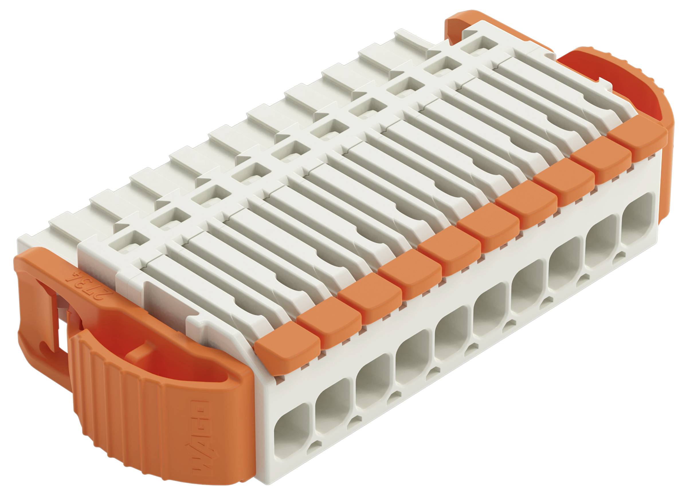 Ein weiß-orangefarbiger Elektroterminalblock mit mehreren Anschlüssen, der zur Verkabelung und Schaltungsintegration in elektrischen Geräten verwendet wird.