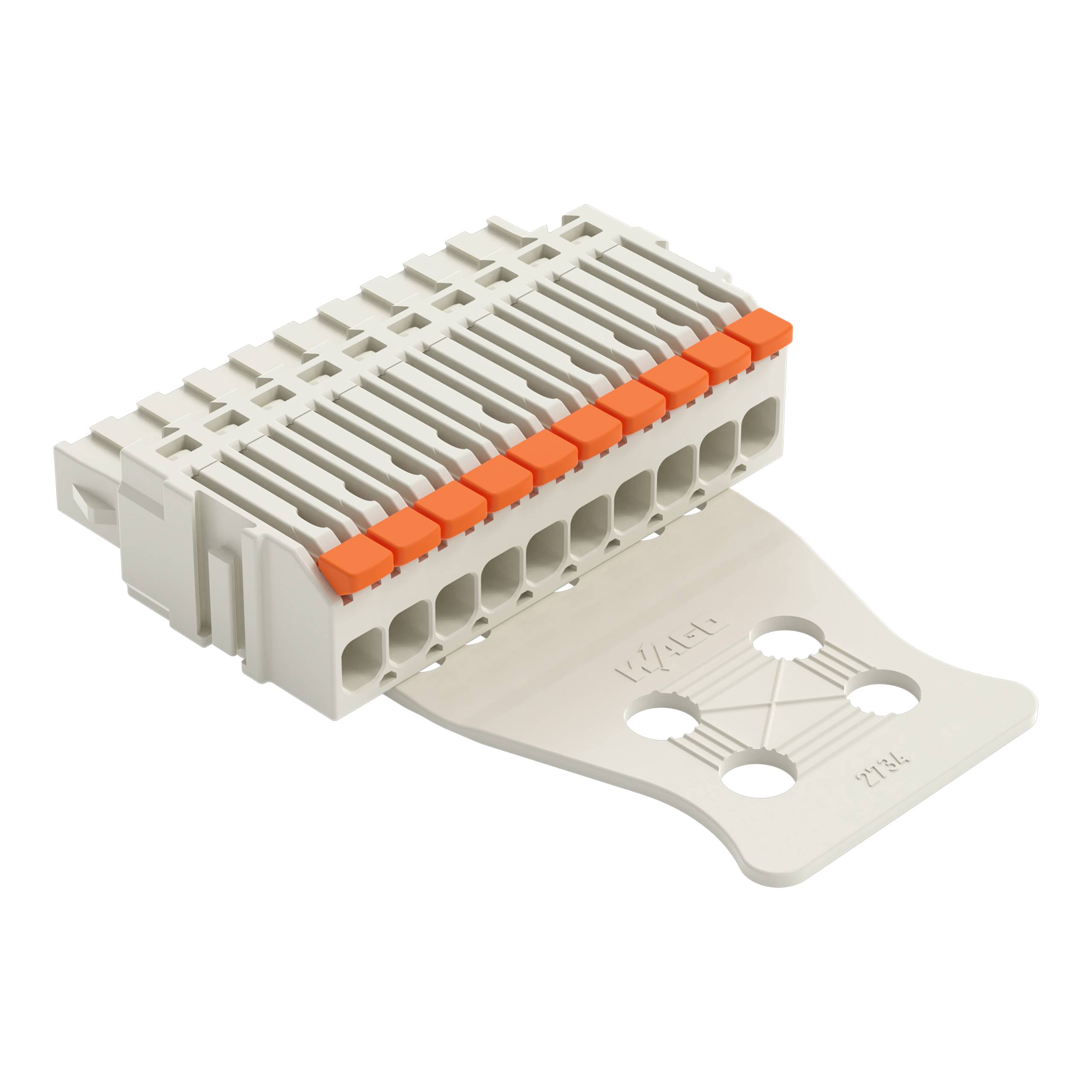 Ein weißer Elektrostecker mit mehreren Schlitzen und einem orangefarbenen Verriegelungsmechanismus ist dafür ausgelegt, Drähte sicher zu verbinden.