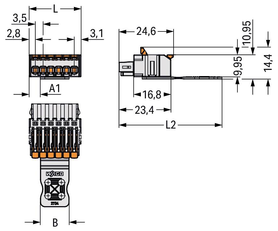 Technische Zeichnung eines elektrischen Steckers mit Abmessungen. Front- und Seitenansichten zeigen Messungen: Höhe 3,5, Breite 2,8, Länge 3,1 cm, unter anderem.