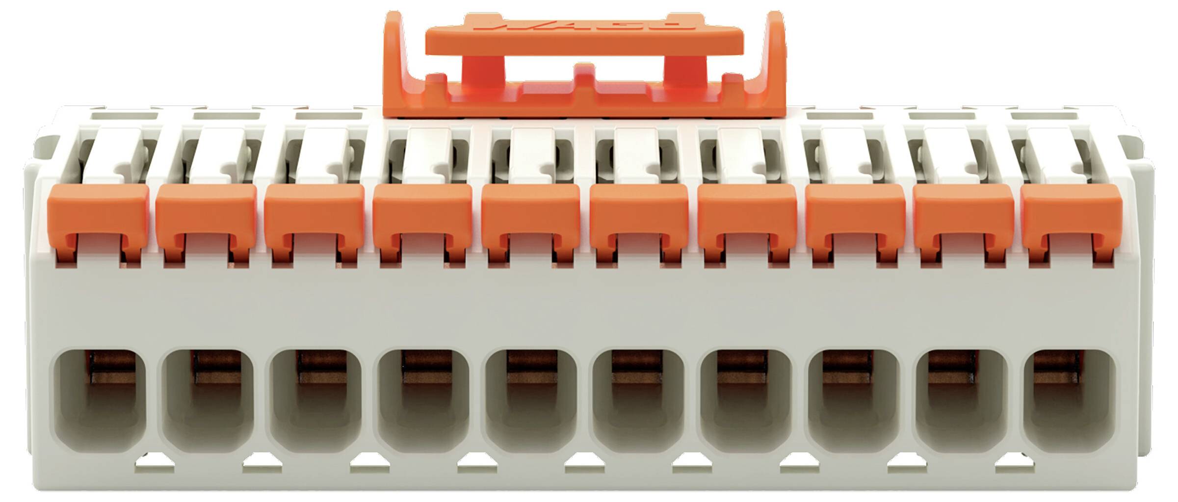 Ein grau und orange farbiger Klemmleistenblock mit zwölf Anschllusspunkten und einem abnehmbaren orangefarbenen Hebel oben.