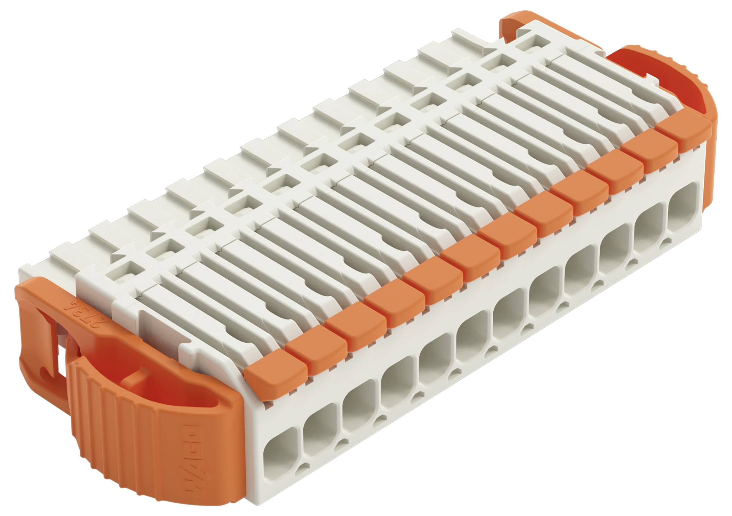 Ein weißer Steckverbinder aus Kunststoff für Stromkabel mit orangefarbenen Hebeln zum Sichern der Drähte, von vorne betrachtet.