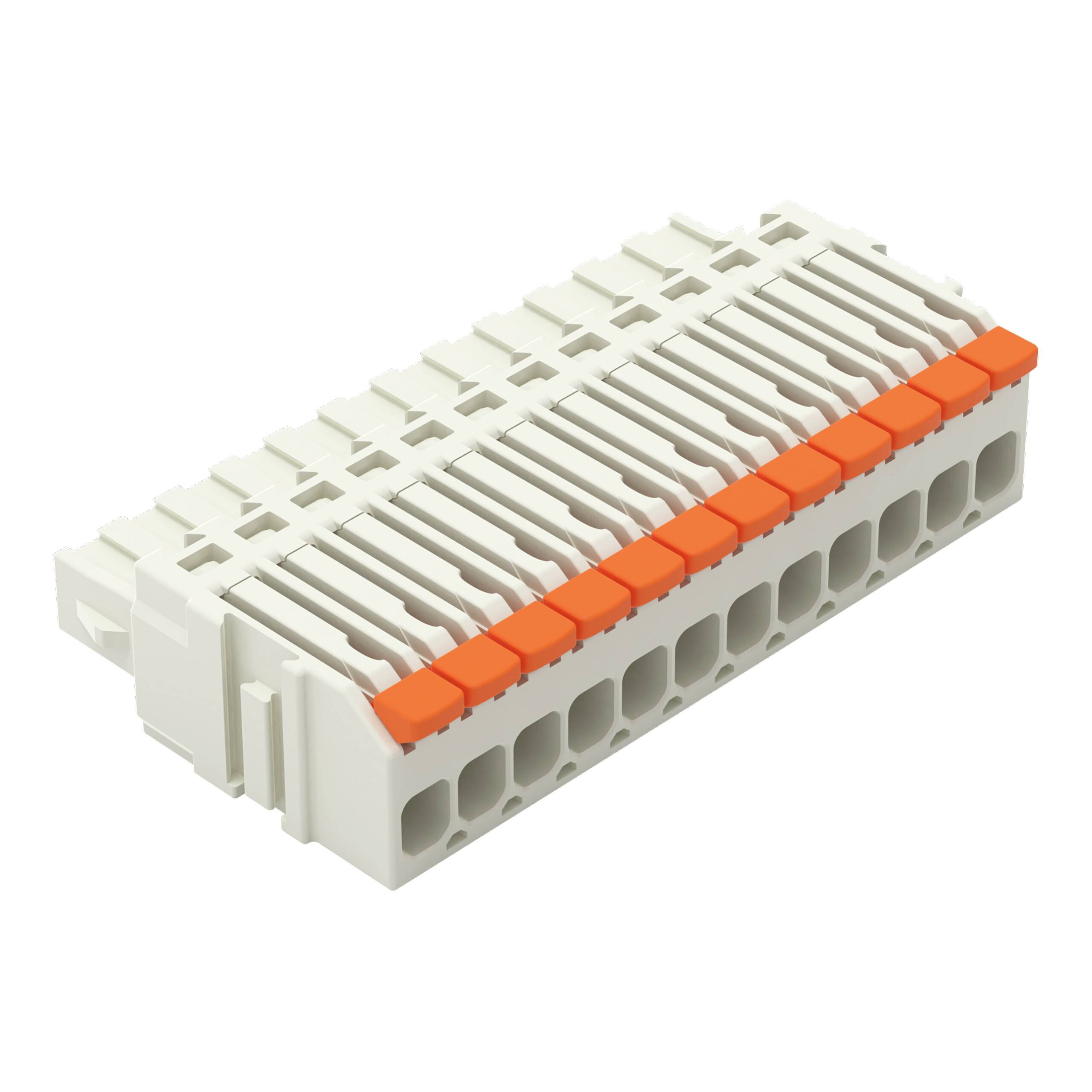 Ein weiß-orange Steckerblock für Elektrokabel mit mehreren Schlitzen, entwickelt zur Organisation und Befestigung von Drähten in einem elektrischen System.