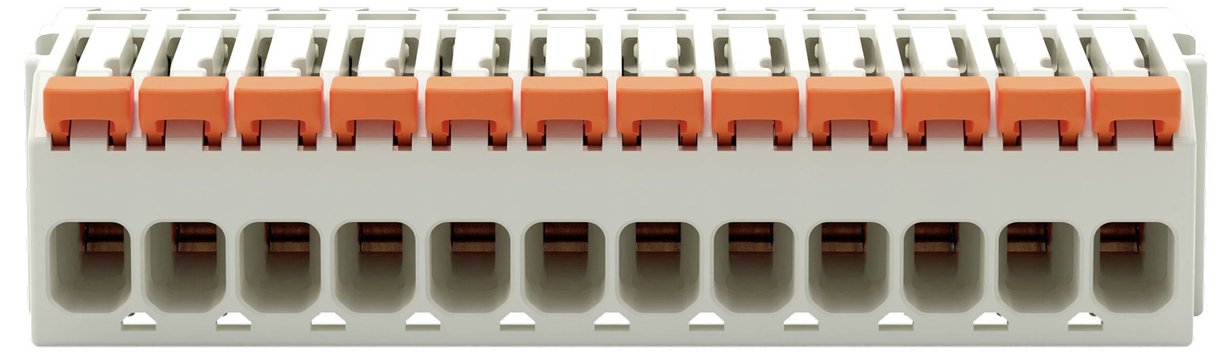 Ein Klemmblock mit acht Paaren aus orangefarbenen und weißen Hebeln, verwendet für elektrische Verbindungen, wird auf weißem Hintergrund gezeigt.