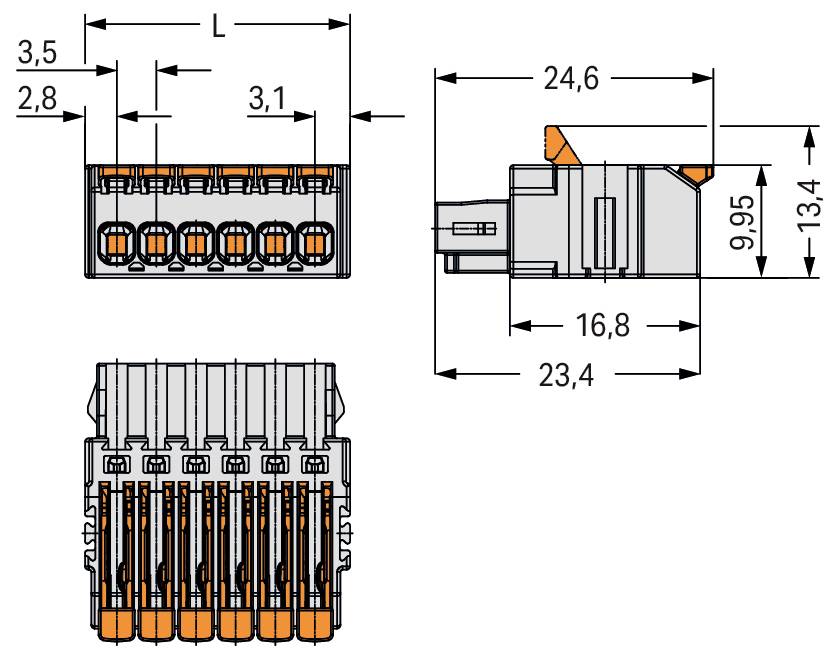 Technisches Diagramm eines elektrischen Steckers mit Seiten- und Draufsichten, wobei die Abmessungen angezeigt werden: 24,6 mm Länge, 13,4 mm Höhe.