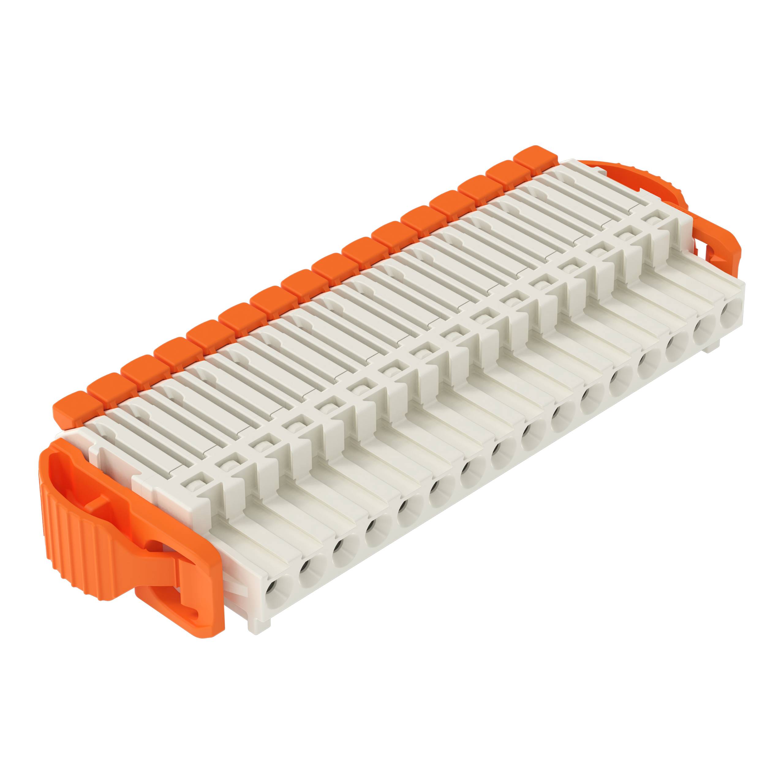 Elektrischer Klemmenblock mit orange Elementen, zeigt mehrere Anschllusspunkte zum Verdrahten.