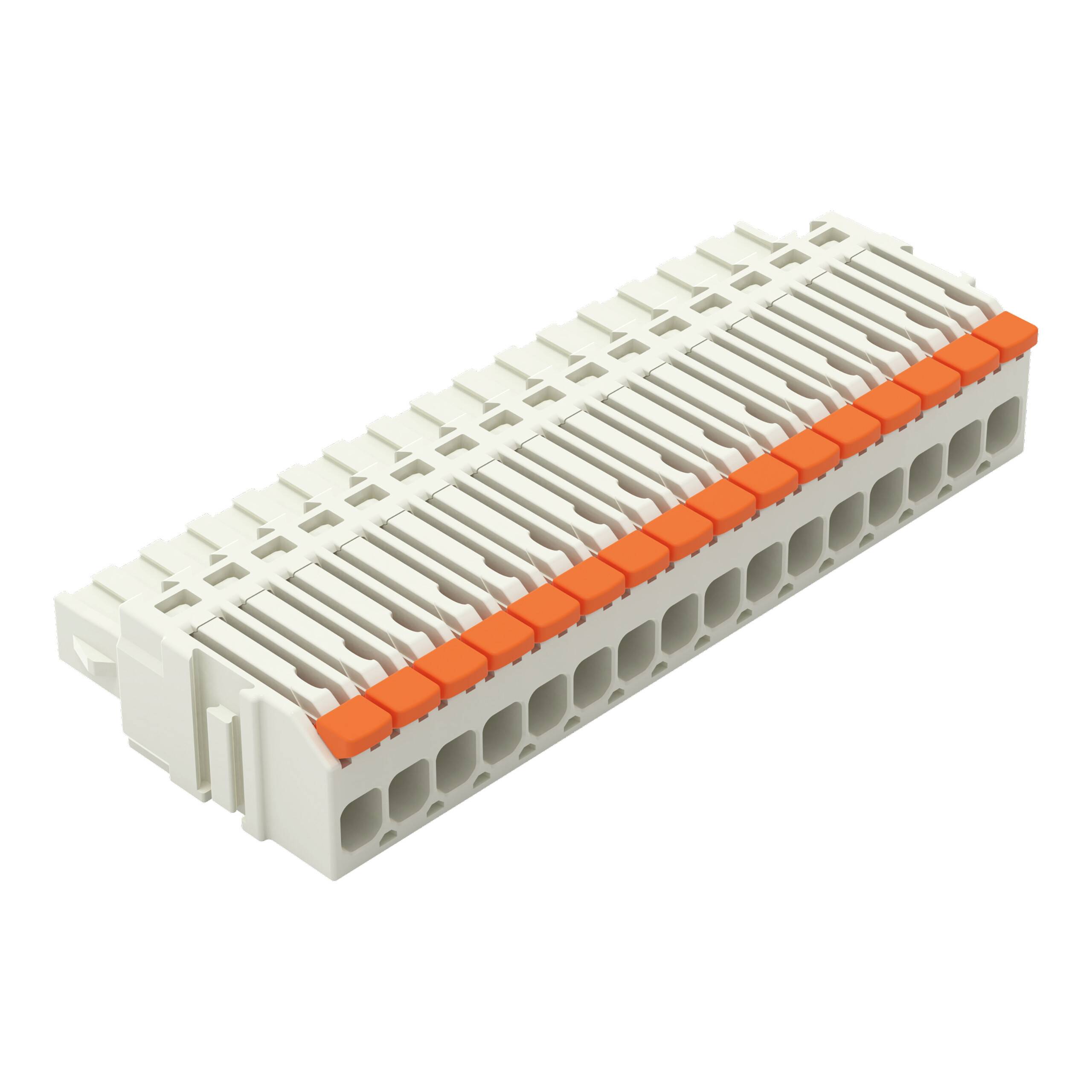 Ein rechteckiger elektrischer Stecker mit mehreren orangefarbenen und weißen Kontakten, der für Kabelverbindungen in technischen Anlagen verwendet wird.