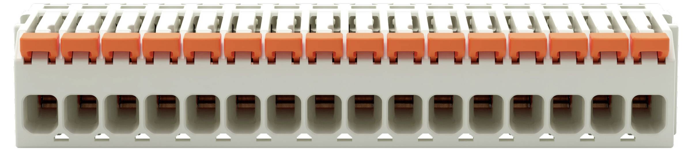 Eine Reihe von orangefarbenen und grauen Klemmen, die in einer Reihe für elektrische Verbindungen angeordnet sind.
