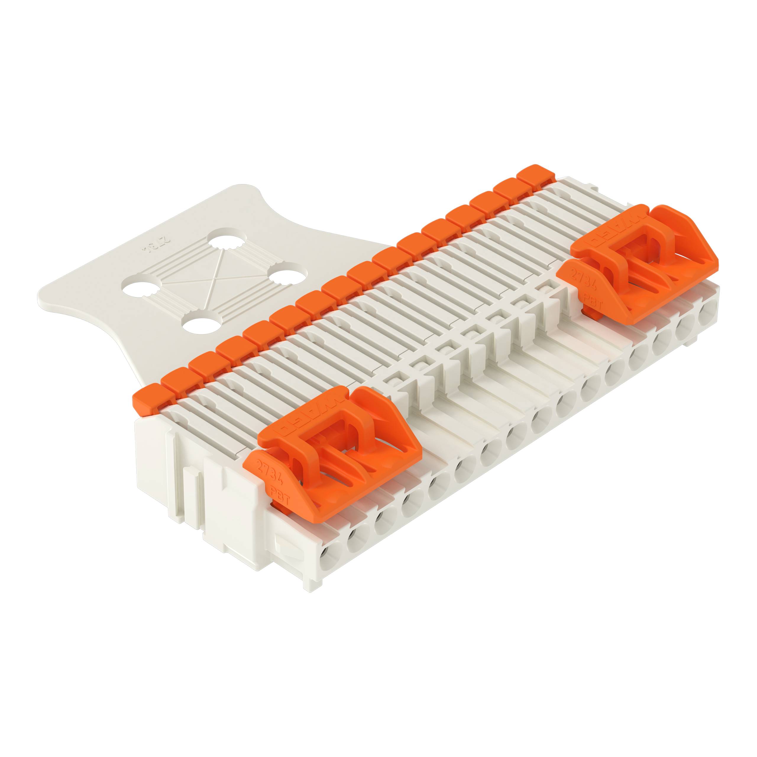 Ein Elektroklemmenblock mit orangefarbenen Hebeln zum Sichern von Drähten, mit mehreren Anschlussmaßnahmen zum Organisieren elektrischer Schaltkreise.