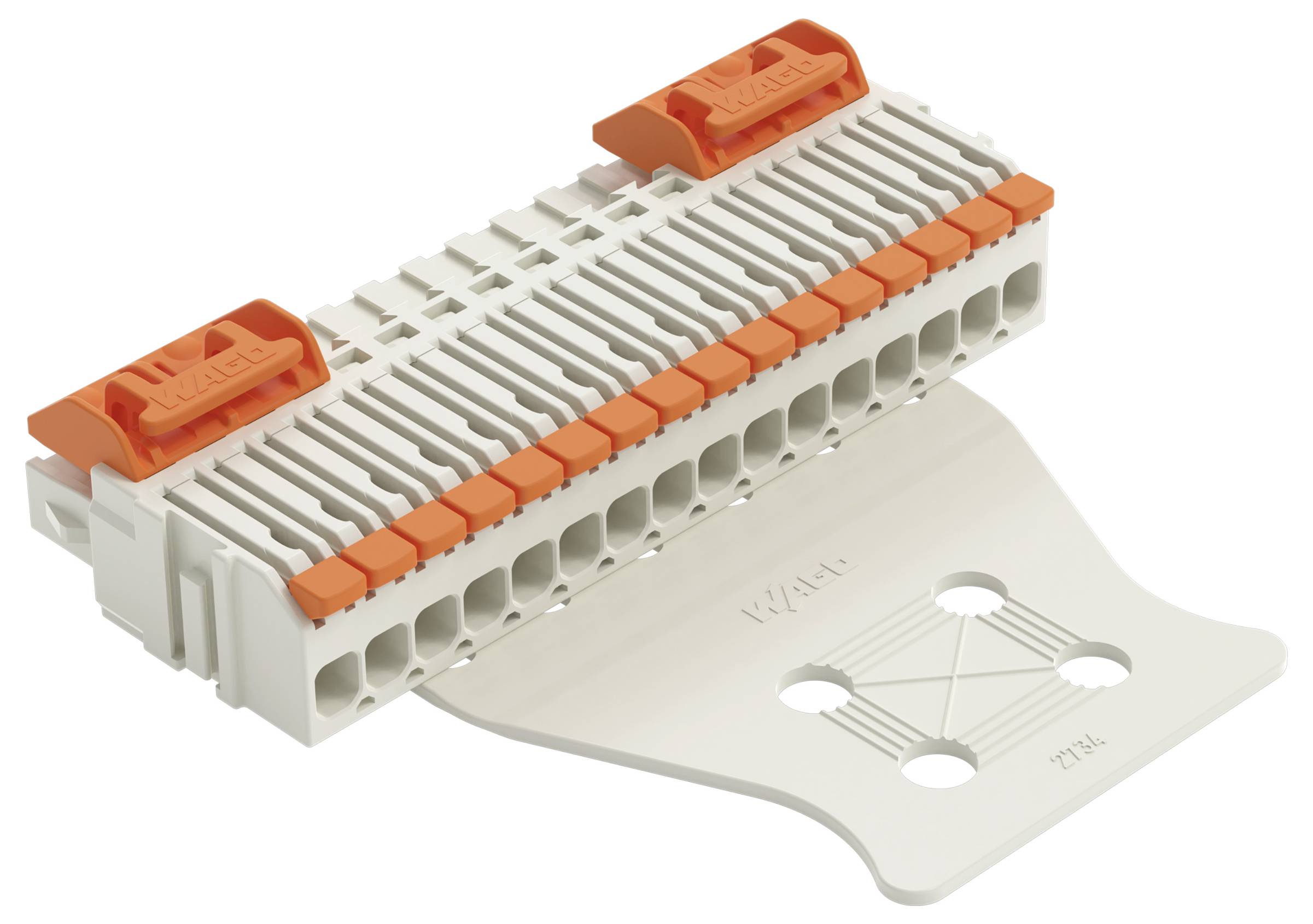 Ein Anschlussblock mit orangefarbenen Klemmen und mehreren Anschlussbolzen, montiert auf einer grauen Basis, wird in Verdrahtungssystemen verwendet.