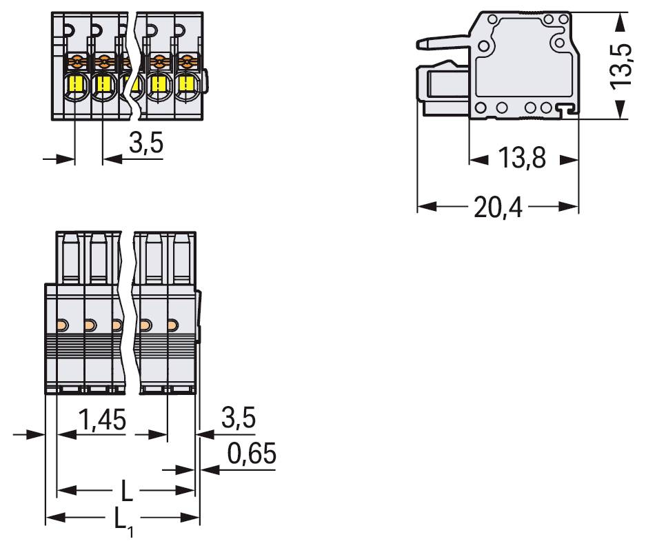 Technisches Diagramm mit Abmessungen eines elektrischen Bauteils in Millimetern. Draufsicht: Breite 13,5, Tiefe 13,8, Länge 20,4. Vorderansicht: Breite 2,1, Tiefe 3,5.