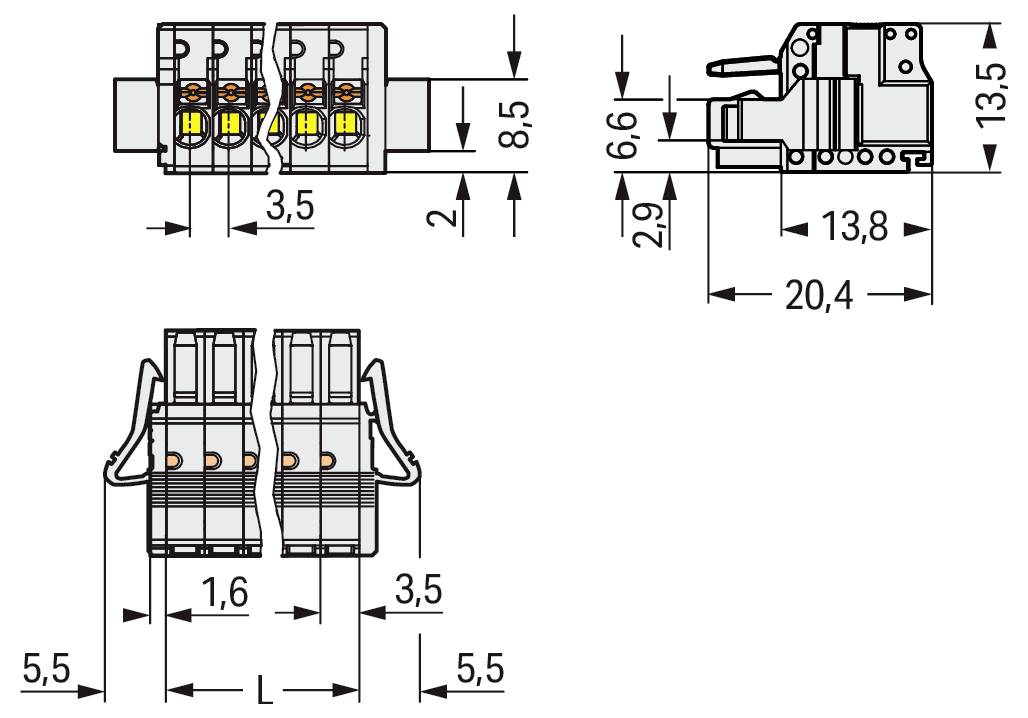 Technisches Schaltplan eines Steckers mit Abmessungen.