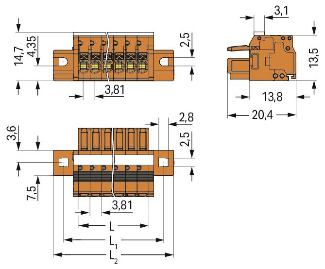 Technisches Diagramm eines elektronischen Steckers mit Abmessungen: Länge 23,4 mm, Breite 9,95 mm, Höhe 13,4 mm; enthält beschriftete Messwerte.