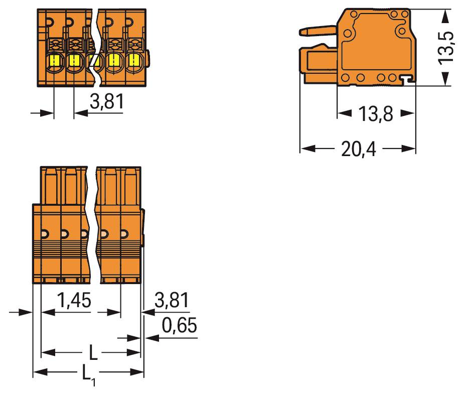Diagramm eines elektrischen Steckers mit Abmessungen: Breite 13,8 mm, Länge 20,4 mm, Höhe 13,5 mm. Der Kontaktabstand beträgt 3,81 mm.