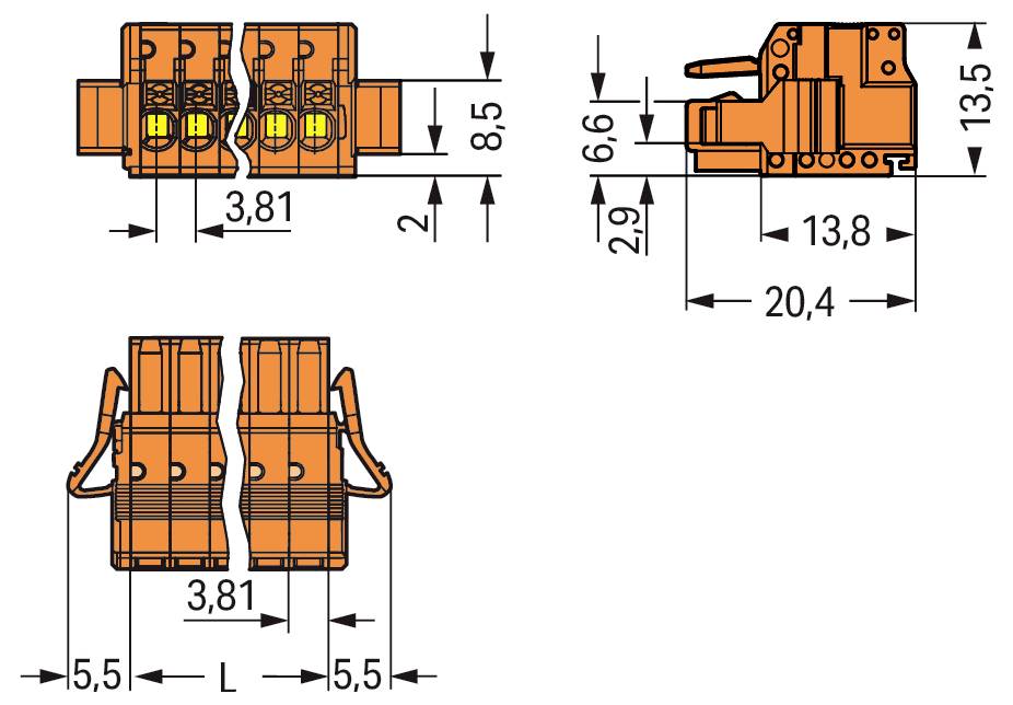 Technisches Diagramm mit Abmessungen eines elektrischen Steckers in drei Ansichten: 8,2 mm hoch und 30,3 mm lang mit mehreren Messbeschriftungen.