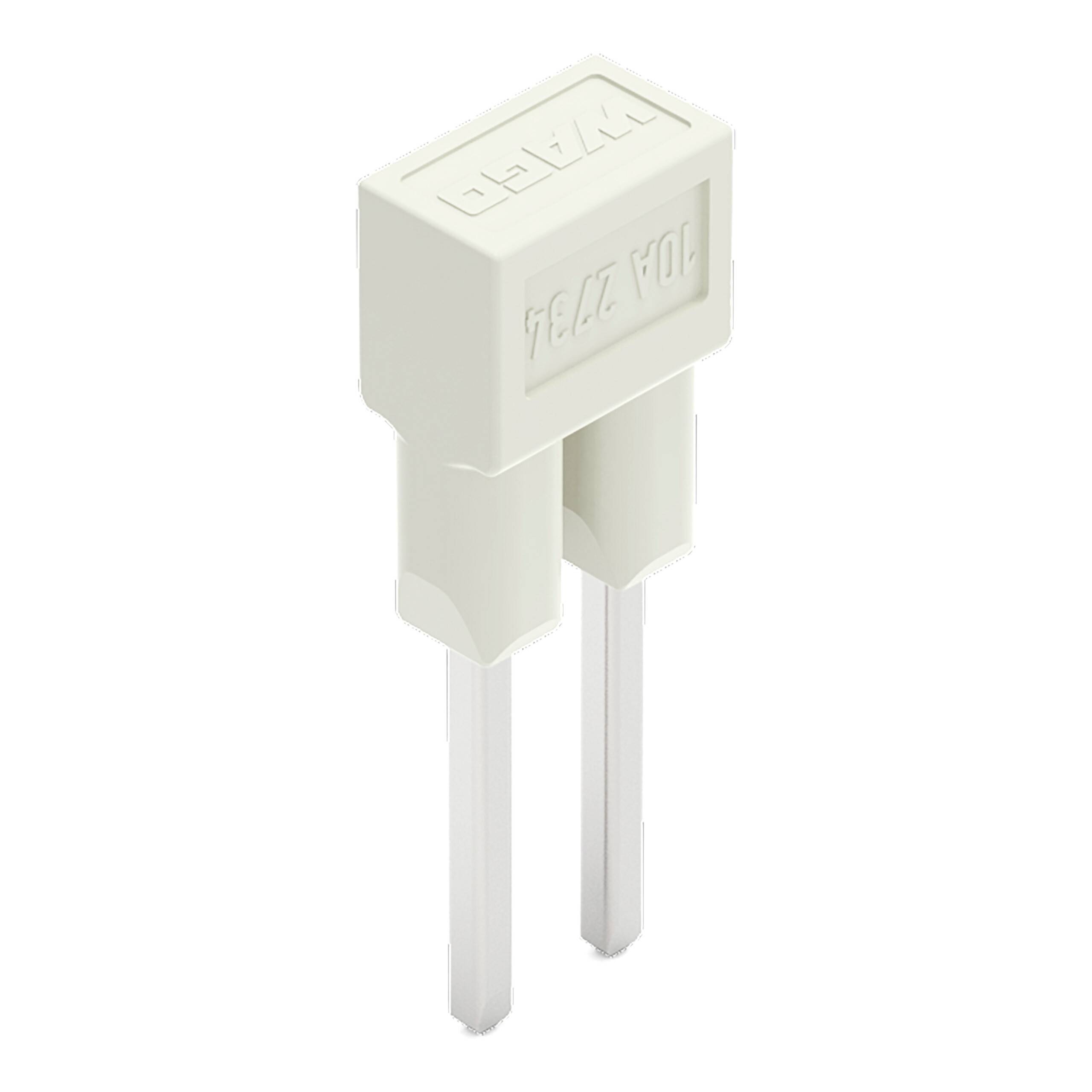 Elektronische Komponente mit zwei Metallstiften und einem rechteckigen Kunststoffgehäuse, die typischerweise für Verbindungen in elektronischen Schaltkreisen verwendet wird.
