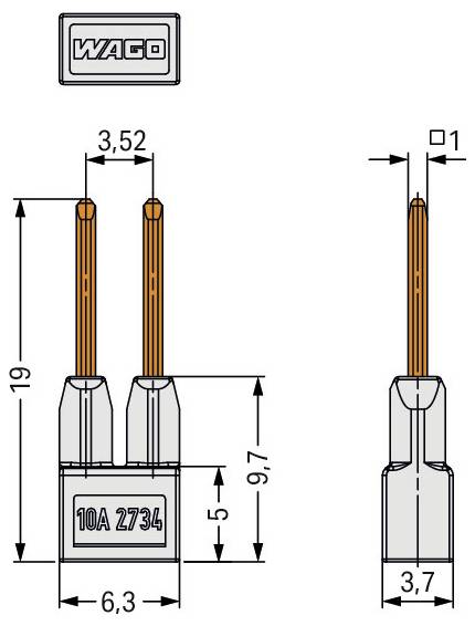 Illustration eines WAGO-Elektrosteckers mit Abmessungen: 3,52 mm Breite, 5 mm Höhe, 19 mm Länge, 10A-Nennstrom, gekennzeichnet mit „10A 2734
