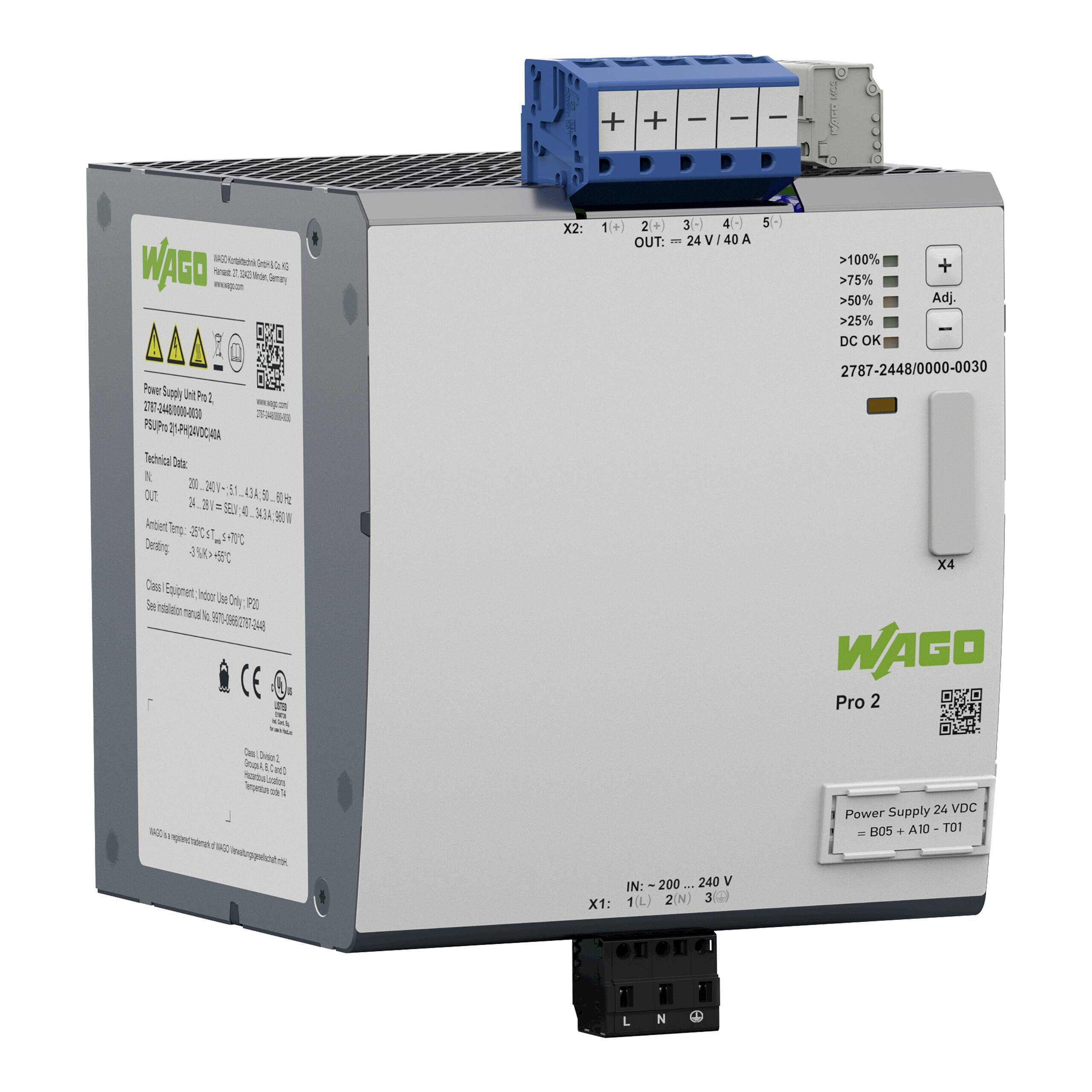 Eine graue elektrische Stromversorgungseinheit mit der Bezeichnung „WAGO Pro 2