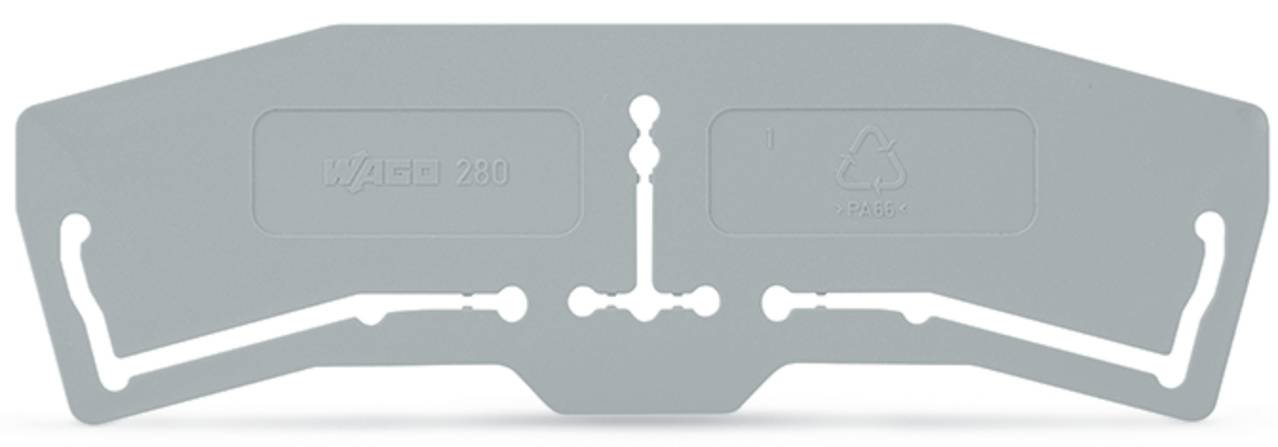 Eine abnehmbare Trennwand für ein Schienenmontage-Klemmleistensystem, mit Recycling-Symbol und Modellnummer „WAGO 200