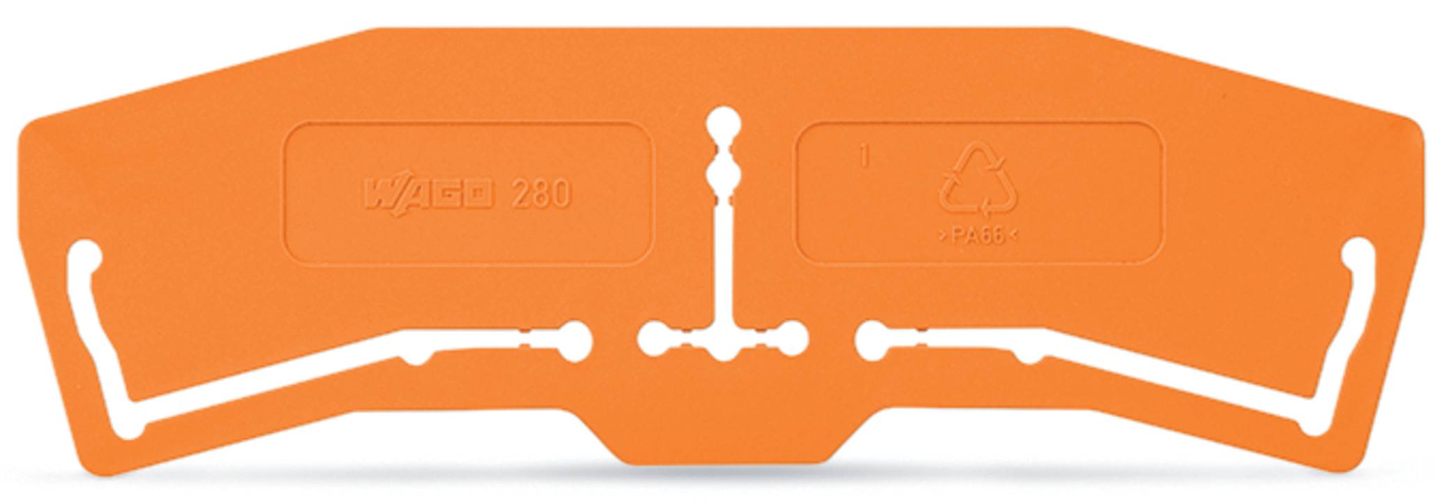 Ein orangefarbenes Kunststoffteil mit geprägtem Recycling-Symbol und der Aufschrift 'WAGO 260', zum Verbinden oder Verbund von Komponenten vorgesehen, von oben betrachtet.