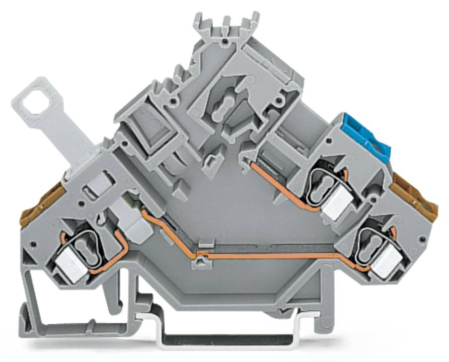 Ein dreieckiger grauer Elektro-Anschlussblock mit mehreren Verbindungspunkten, der orange leitfähige Bahnen und eine blaue Schutzkappe zeigt.